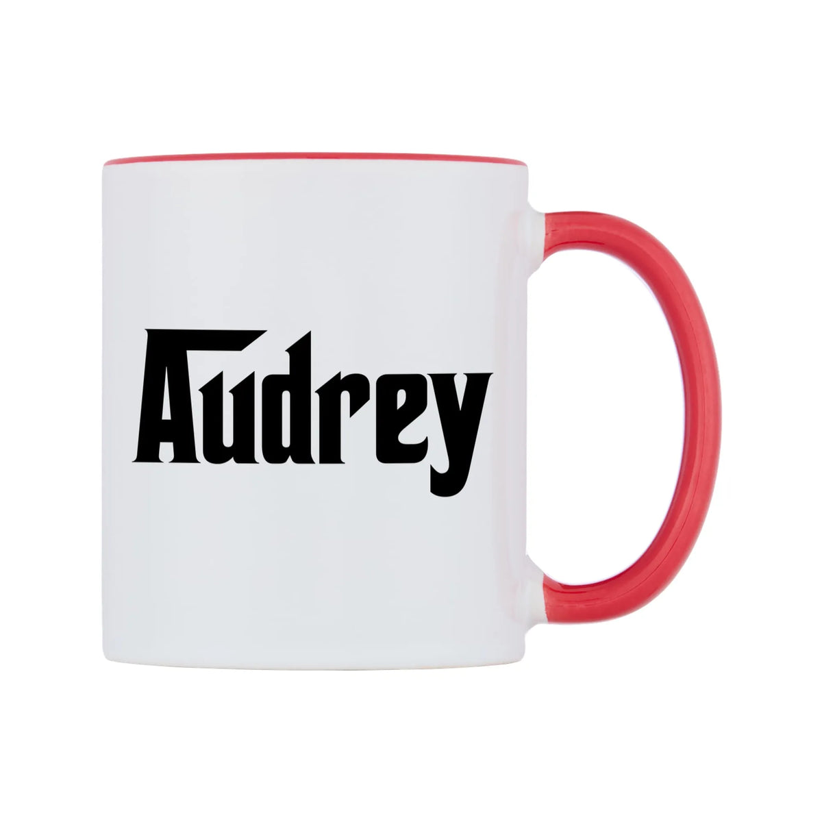 Audrey - Godfather Themed Mug — white 11oz gloss mug with a red inside and handle, left side, on a white background