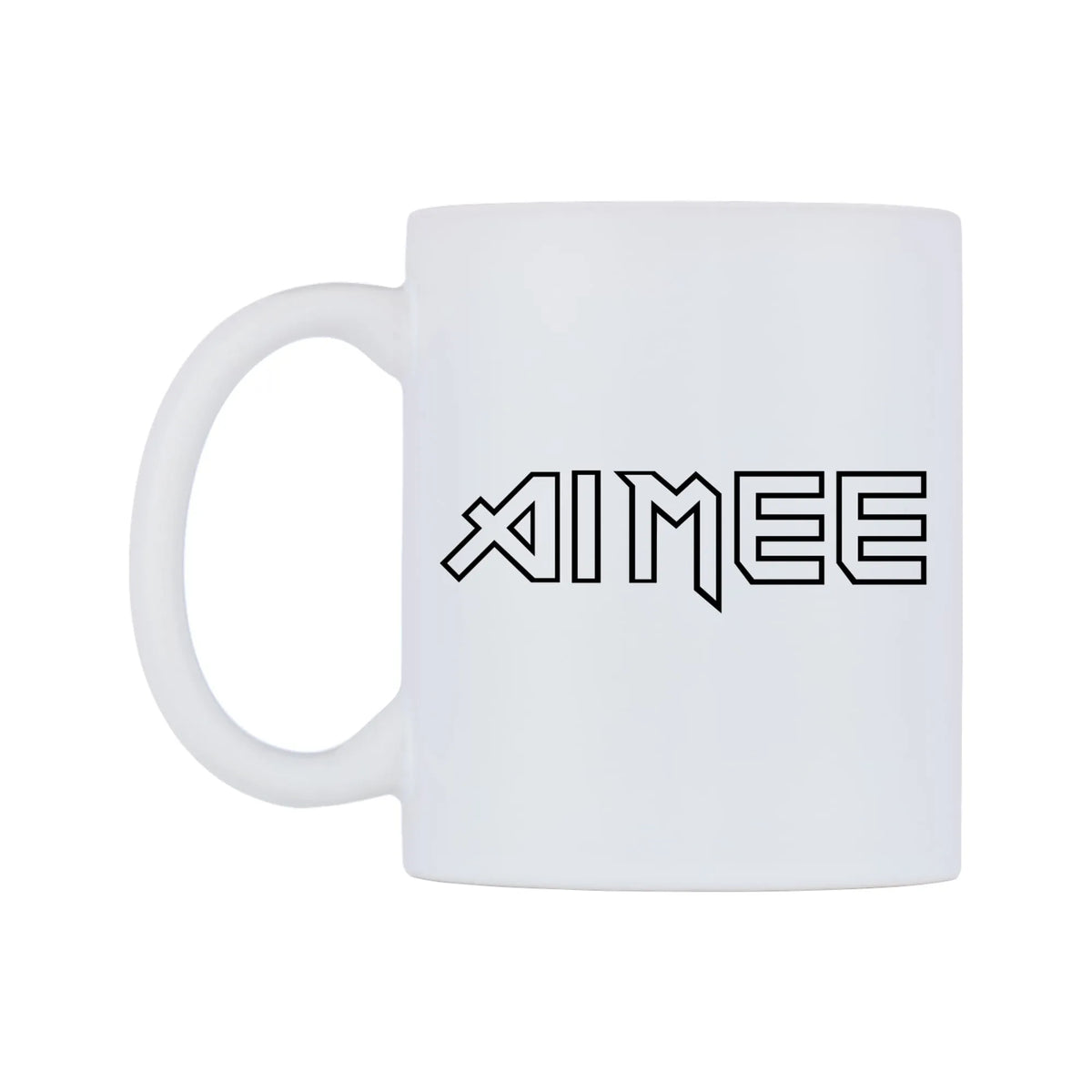 Aimee - Iron Maiden Themed Mug — white 11oz gloss mug, right side, on a white background
