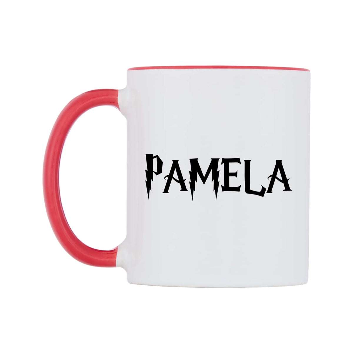 Pamela - Wizard Themed Mug — white 11oz gloss mug with a red inside and handle, right side, on a white background
