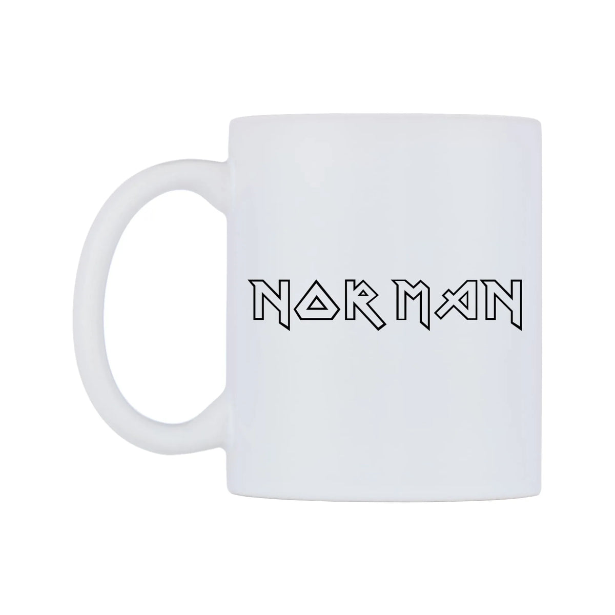 Norman - Iron Maiden Themed Mug — white 11oz gloss mug, right side, on a white background