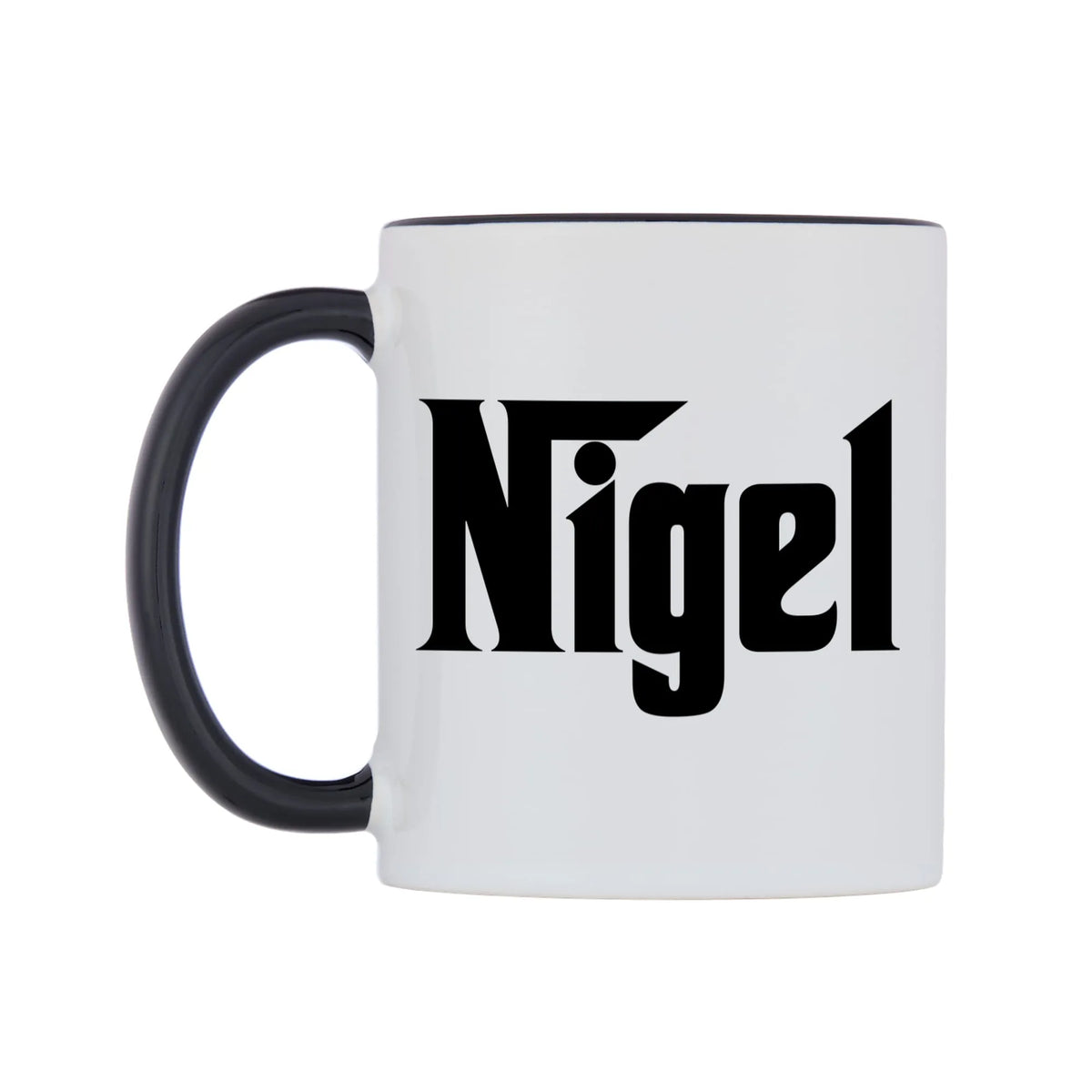 Nigel - Godfather Themed Mug — white 11oz gloss mug with a black inside and handle, right side, on a white background