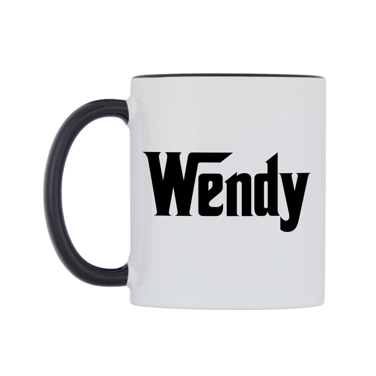 Wendy - Godfather Themed Mug — white 11oz gloss mug with a black inside and handle, right side, on a white background