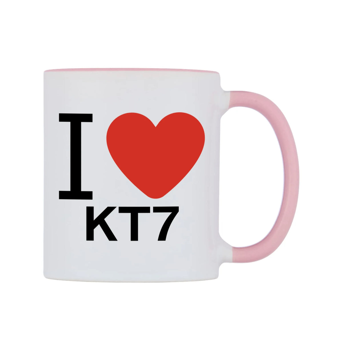 I Love KT7 Mug — white 11oz gloss mug with a pink inside and handle, left side, on a white background