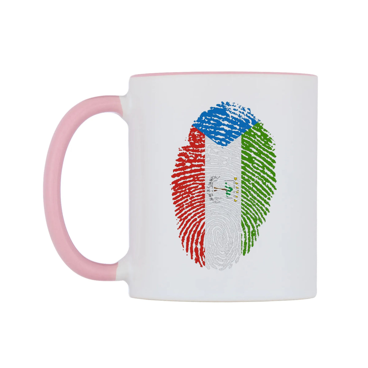 Equatorial Guinea Finger Print Flag Mug — white 11oz gloss mug with a pink inside and handle, right side, on a white background