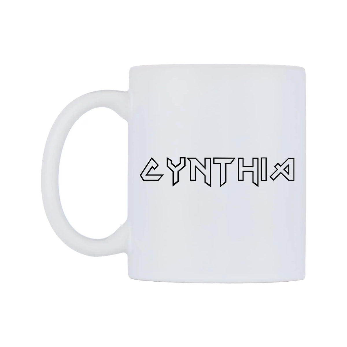 Cynthia - Iron Maiden Themed Mug — white 11oz gloss mug, right side, on a white background