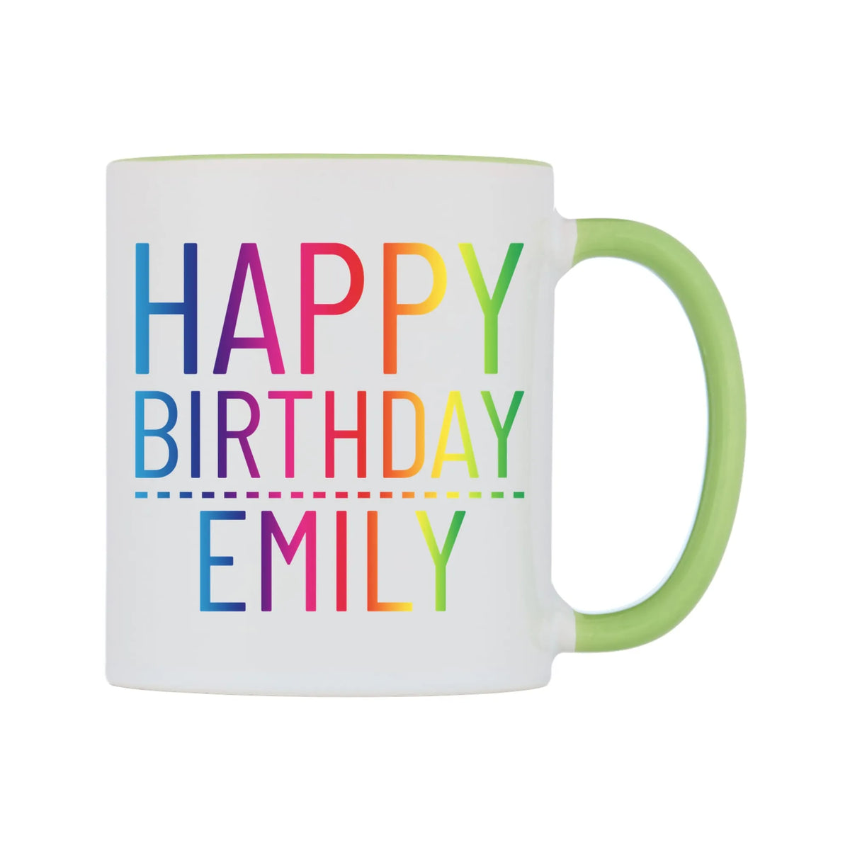 Personalised Happy Birthday (Rainbow) Mug — white 11oz gloss mug with a light green inside and handle, left side, on a white background