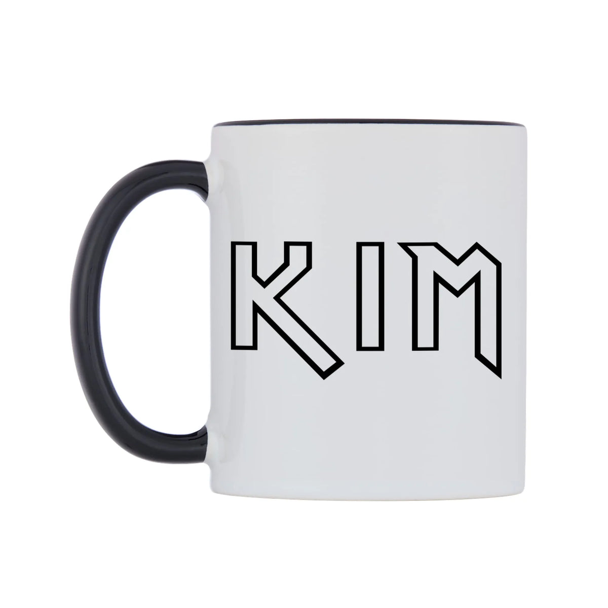 Kim - Iron Maiden Themed Mug — white 11oz gloss mug with a black inside and handle, right side, on a white background