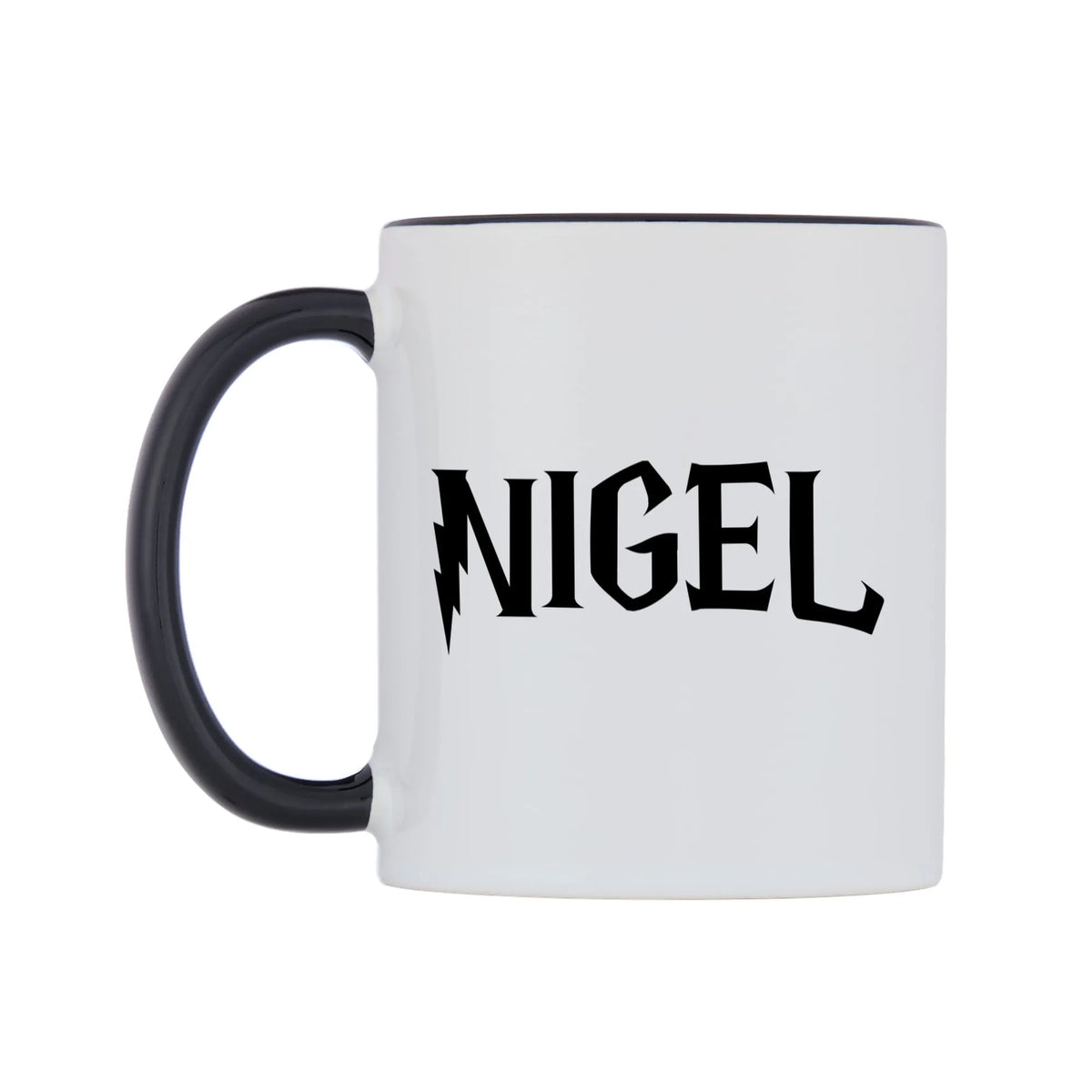 Nigel - Wizard Themed Mug — white 11oz gloss mug with a black inside and handle, right side, on a white background