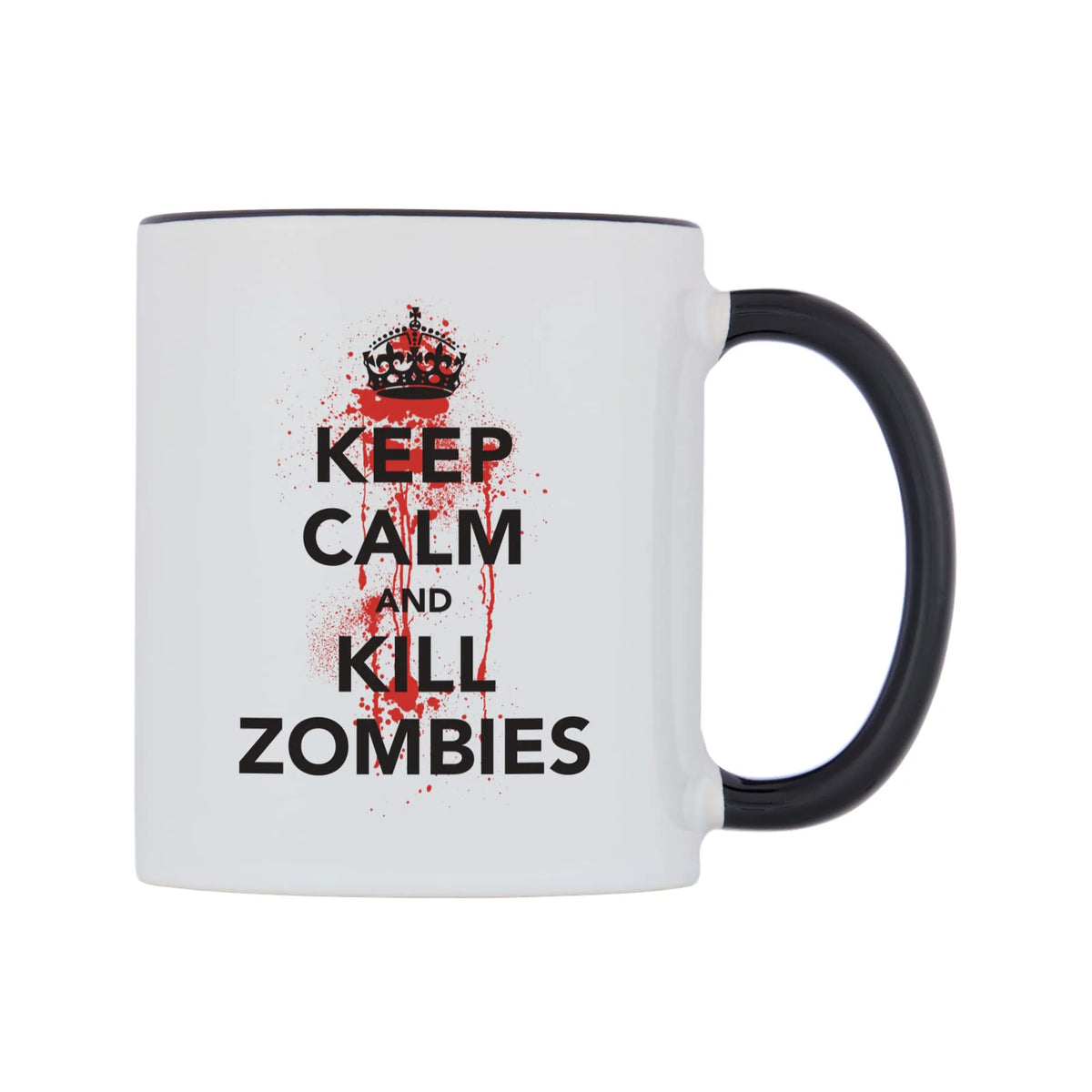 Keep Calm And Kill Zombies Mug — white 11oz gloss mug with a black inside and handle, left side, on a white background
