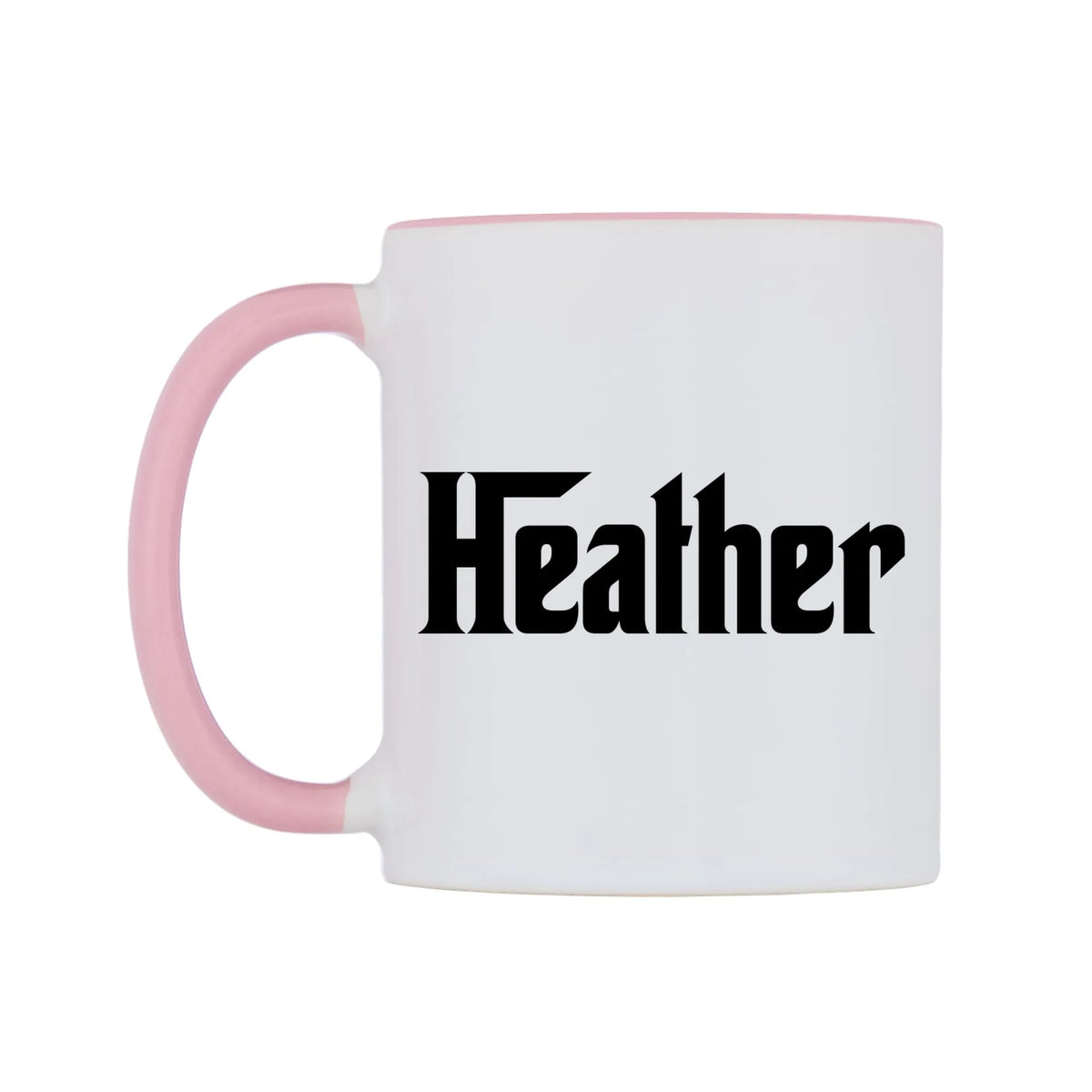 Heather - Godfather Themed Mug — white 11oz gloss mug with a pink inside and handle, right side, on a white background