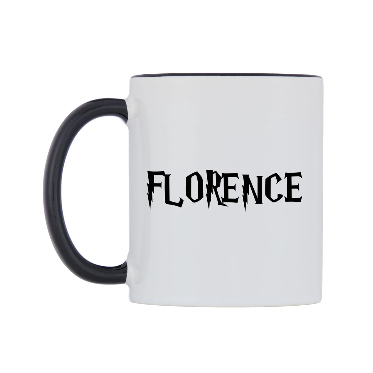 Florence - Wizard Themed Mug — white 11oz gloss mug with a black inside and handle, right side, on a white background