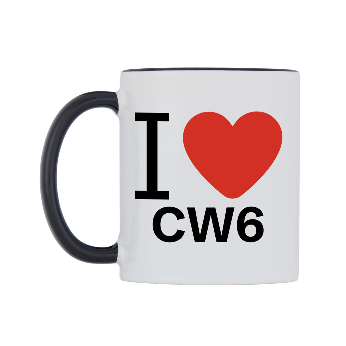 I Love CW6 Mug — white 11oz gloss mug with a black inside and handle, right side, on a white background
