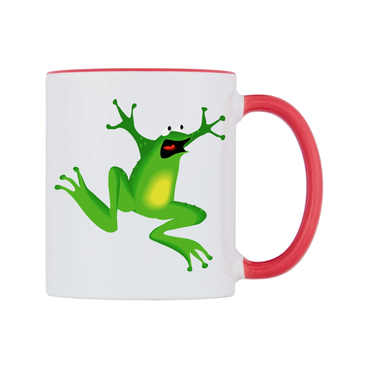 Dancing Frog Mug — white 11oz gloss mug with a red inside and handle, left side, on a white background