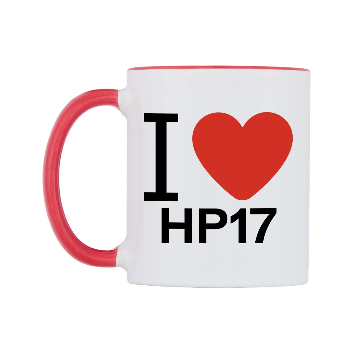 I Love HP17 Mug — white 11oz gloss mug with a red inside and handle, right side, on a white background