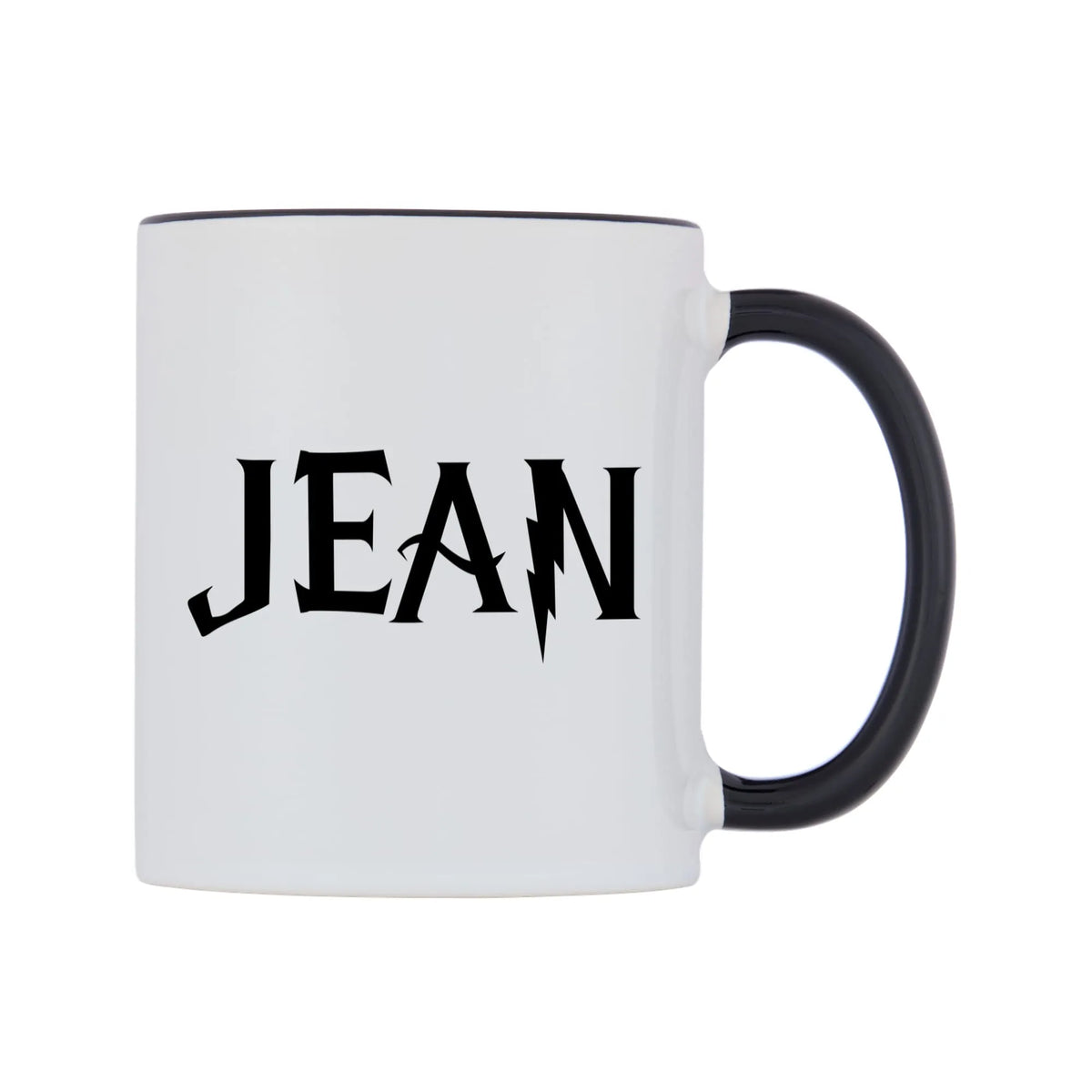 Jean - Wizard Themed Mug — white 11oz gloss mug with a black inside and handle, left side, on a white background