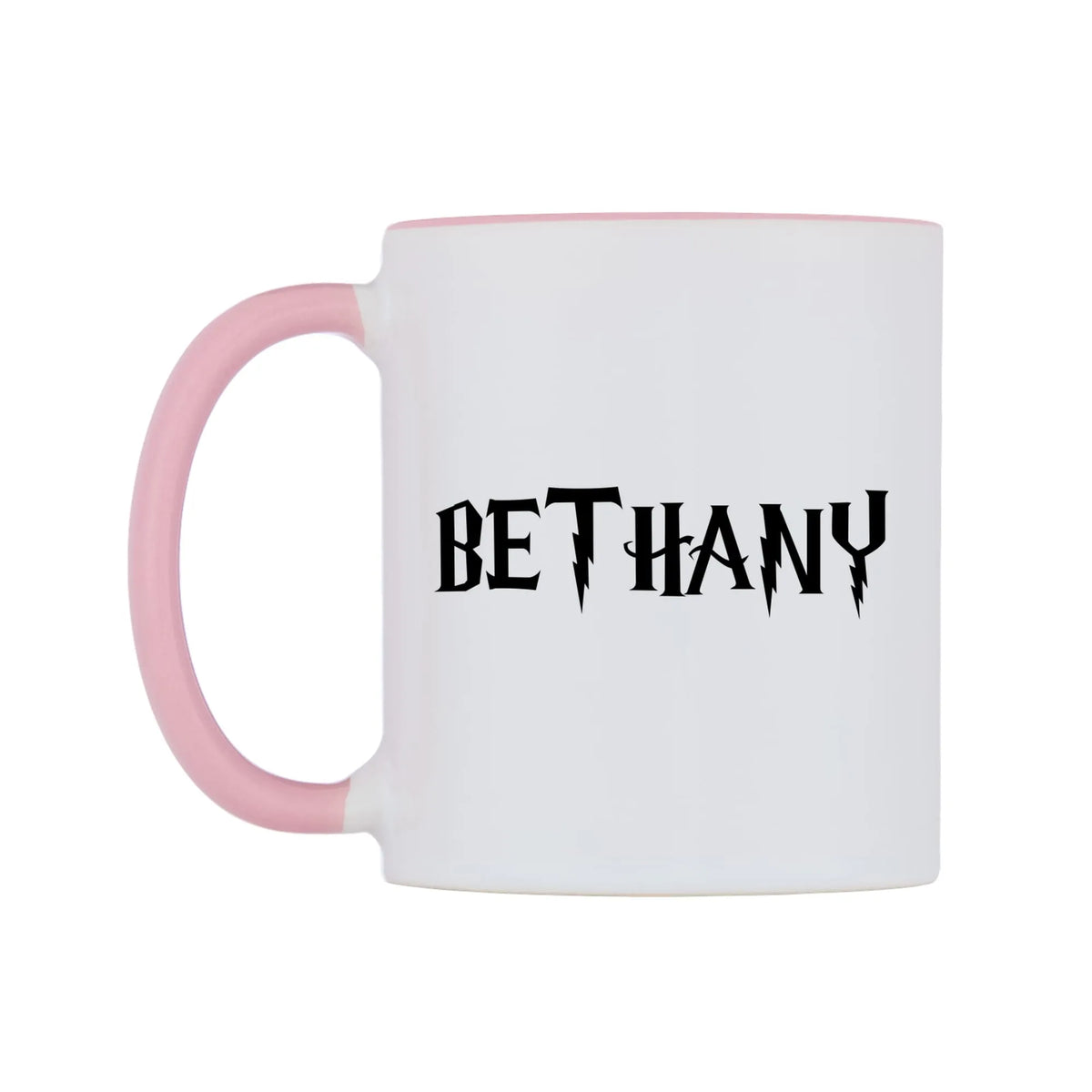 Bethany - Wizard Themed Mug — white 11oz gloss mug with a pink inside and handle, right side, on a white background