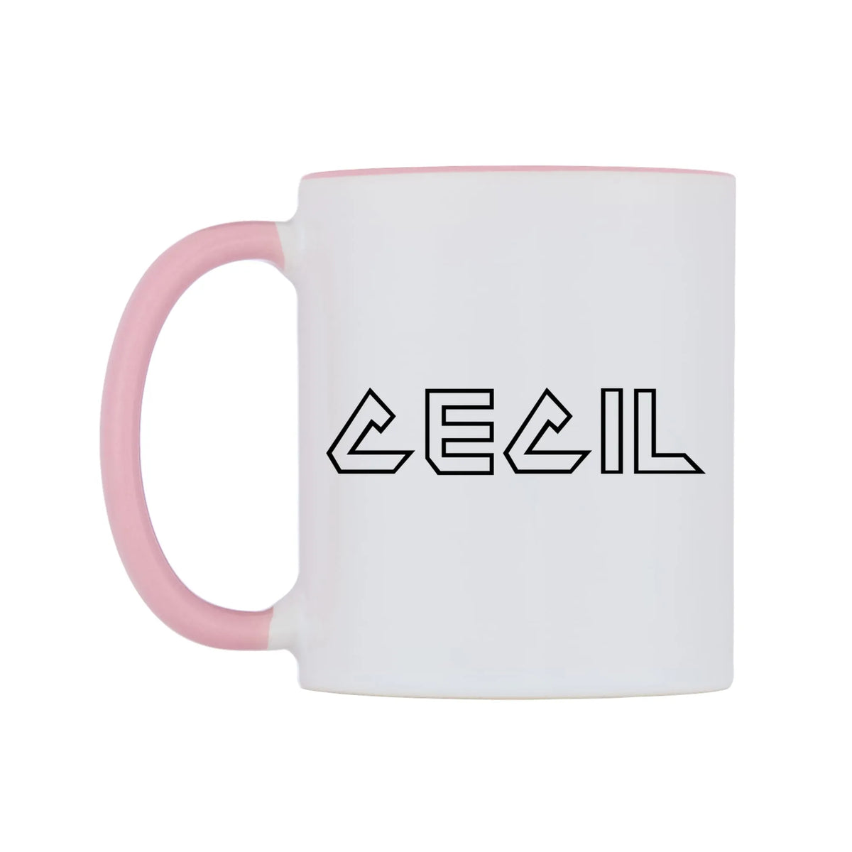 Cecil - Iron Maiden Themed Mug — white 11oz gloss mug with a pink inside and handle, right side, on a white background
