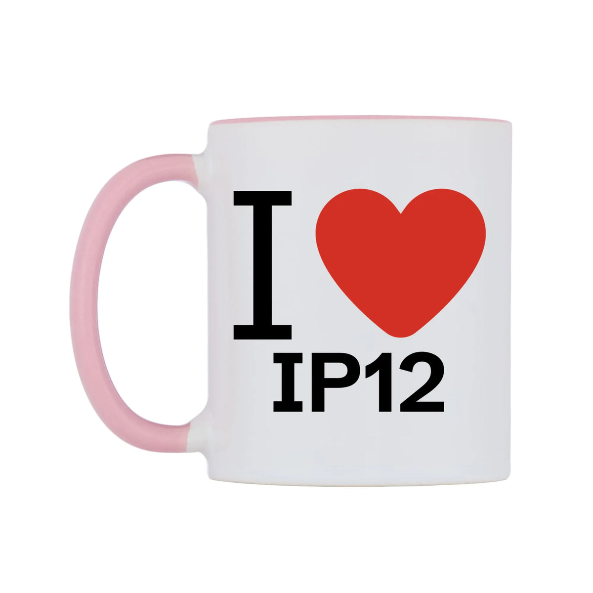 I Love IP12 Mug — white 11oz gloss mug with a pink inside and handle, right side, on a white background