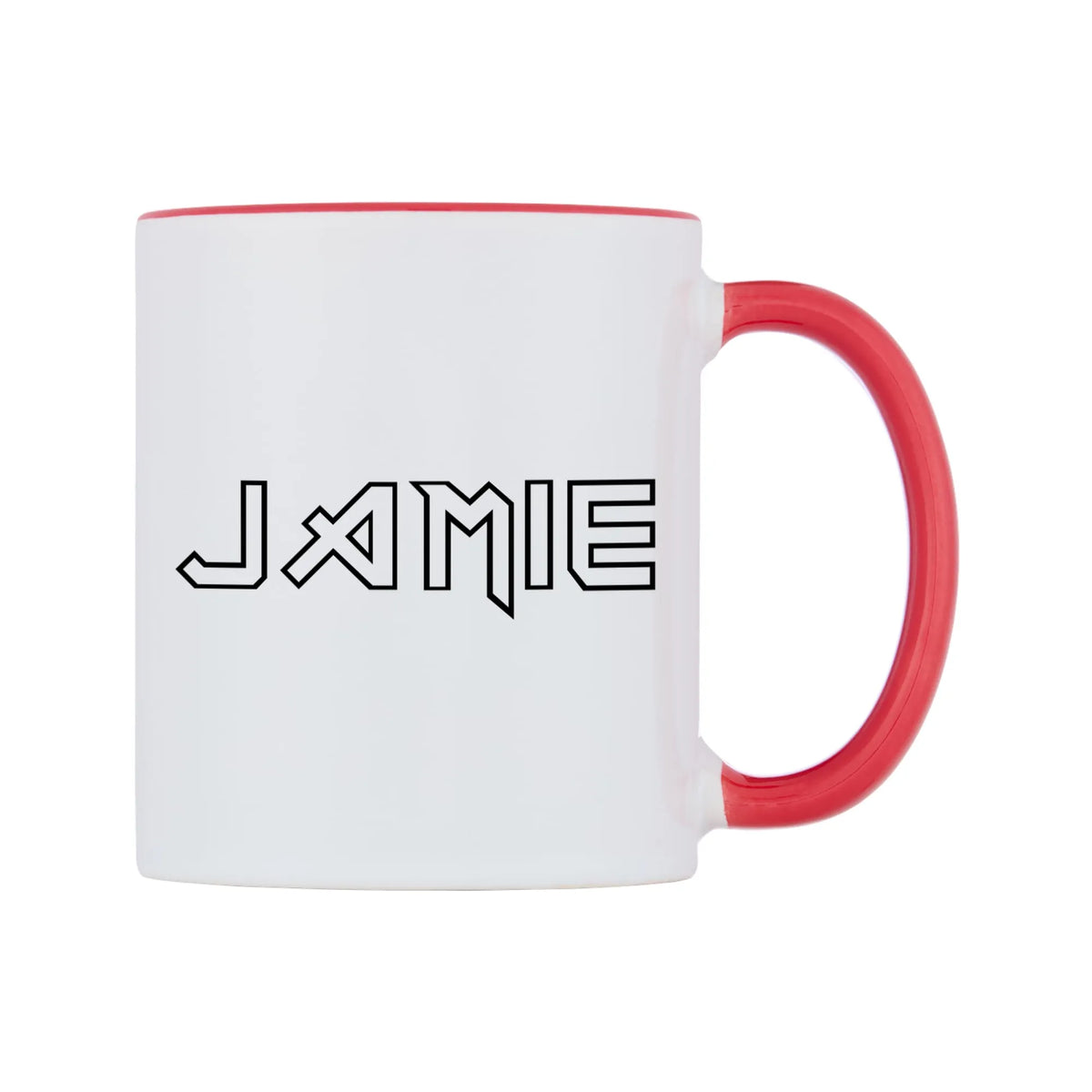 Jamie - Iron Maiden Themed Mug — white 11oz gloss mug with a red inside and handle, left side, on a white background