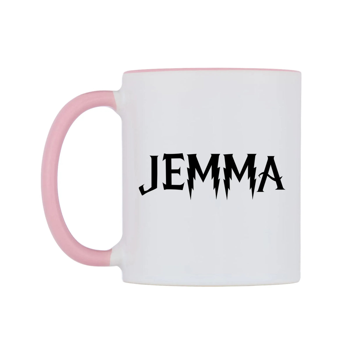 Jemma - Wizard Themed Mug — white 11oz gloss mug with a pink inside and handle, right side, on a white background