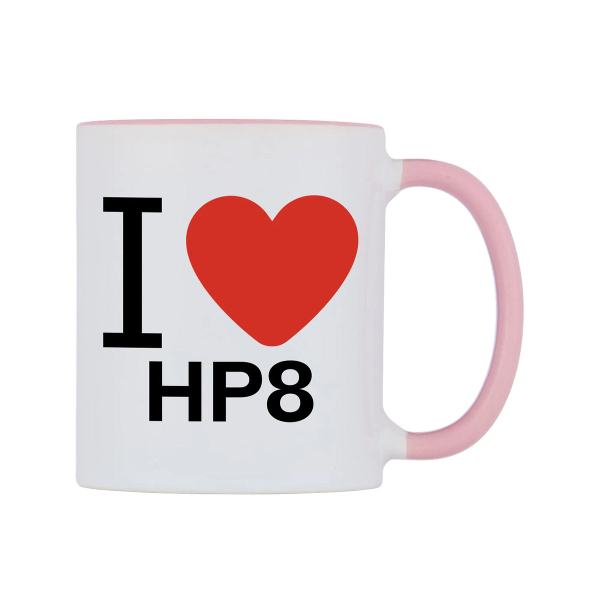 I Love HP8 Mug — white 11oz gloss mug with a pink inside and handle, left side, on a white background