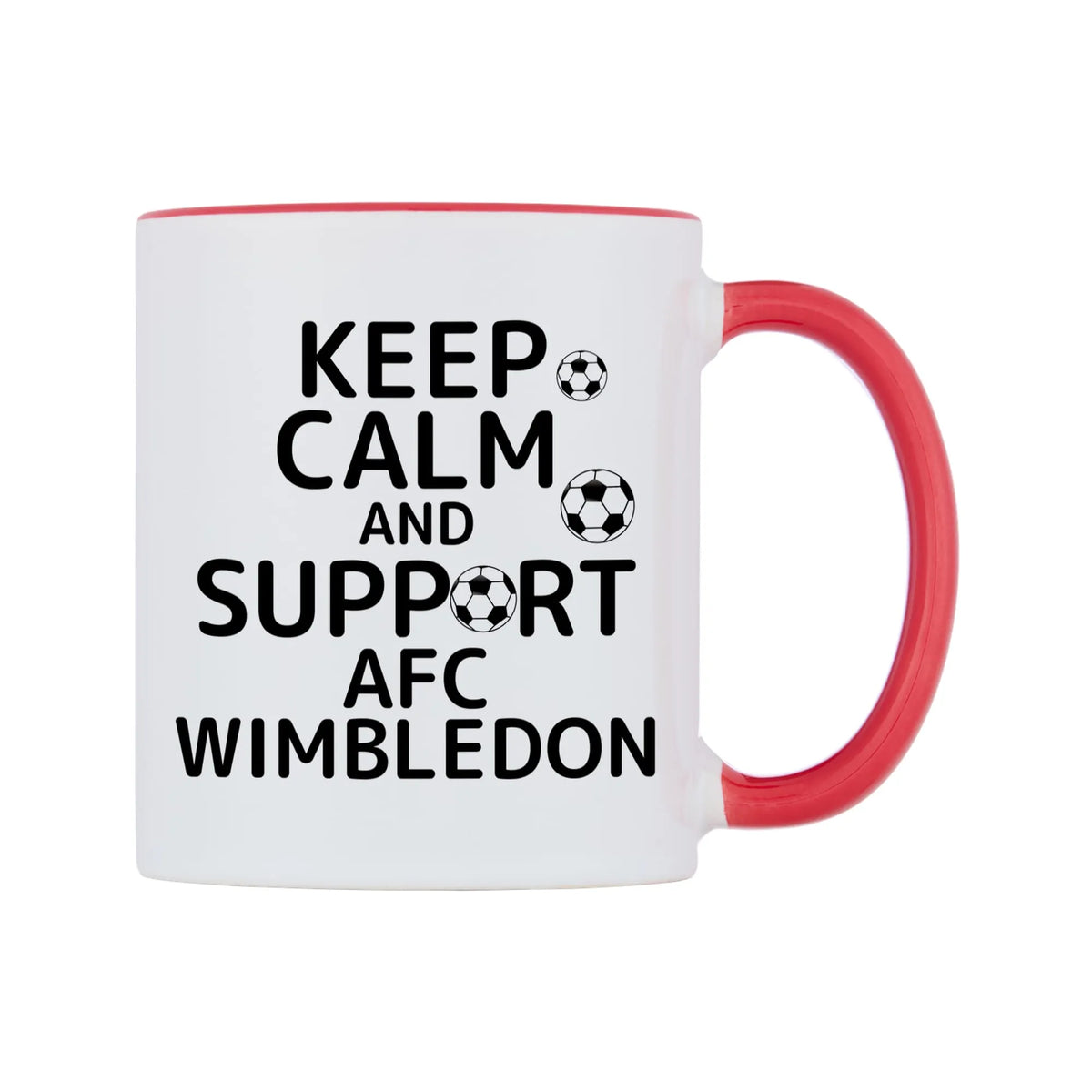 Keep Calm And Support AFC Wimbledon Mug — white 11oz gloss mug with a red inside and handle, left side, on a white background