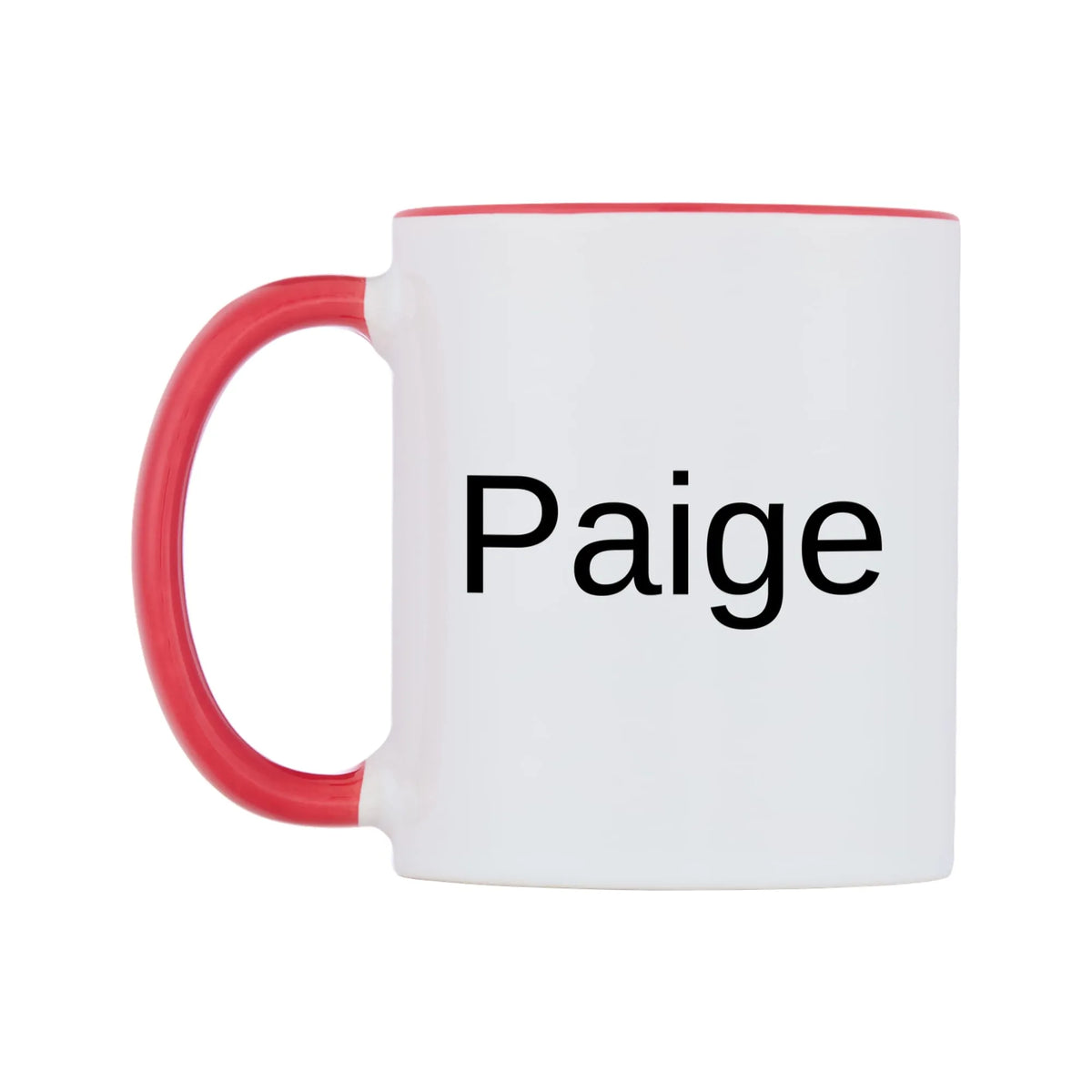 Paige Mug — white 11oz gloss mug with a red inside and handle, right side, on a white background