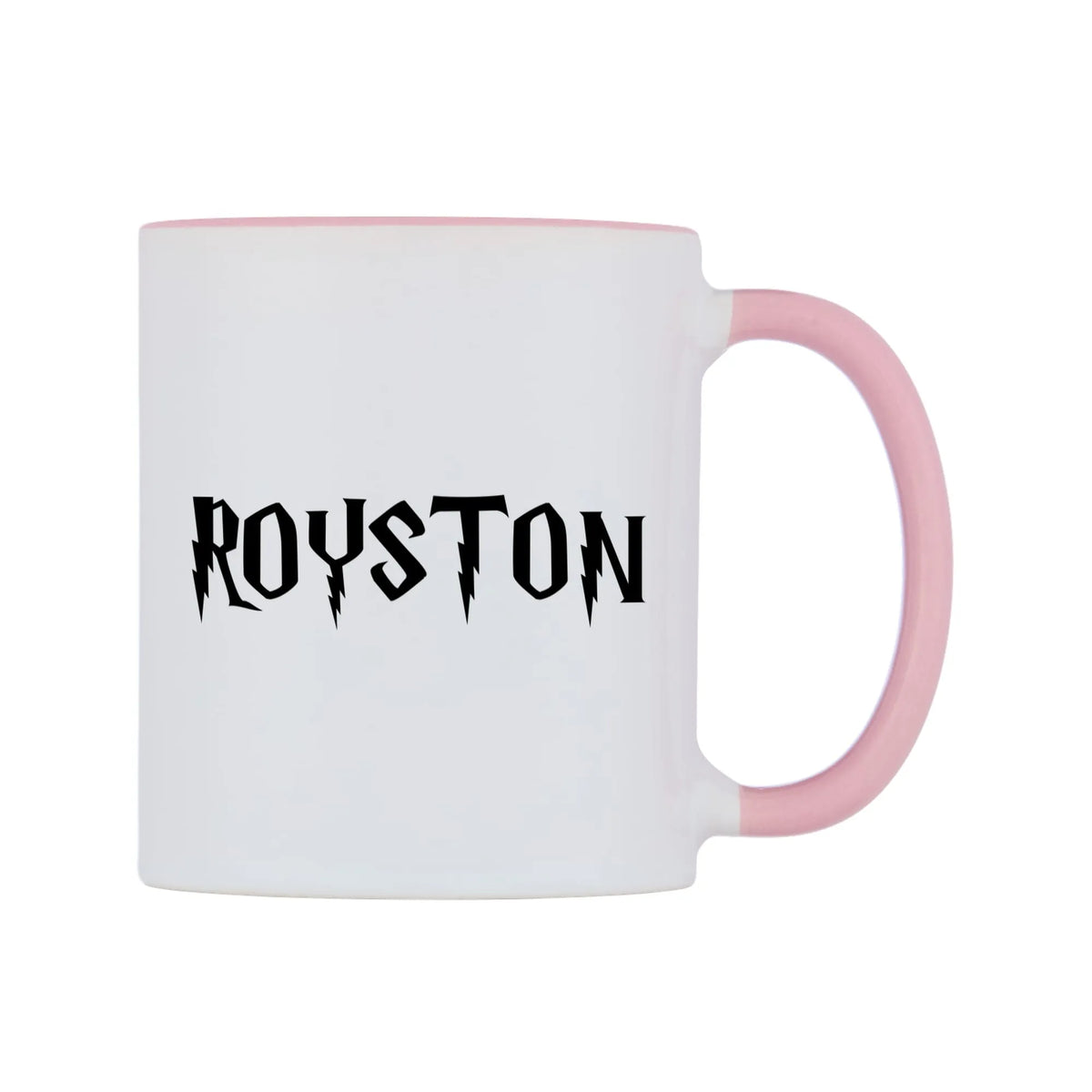 Royston - Wizard Themed Mug — white 11oz gloss mug with a pink inside and handle, left side, on a white background