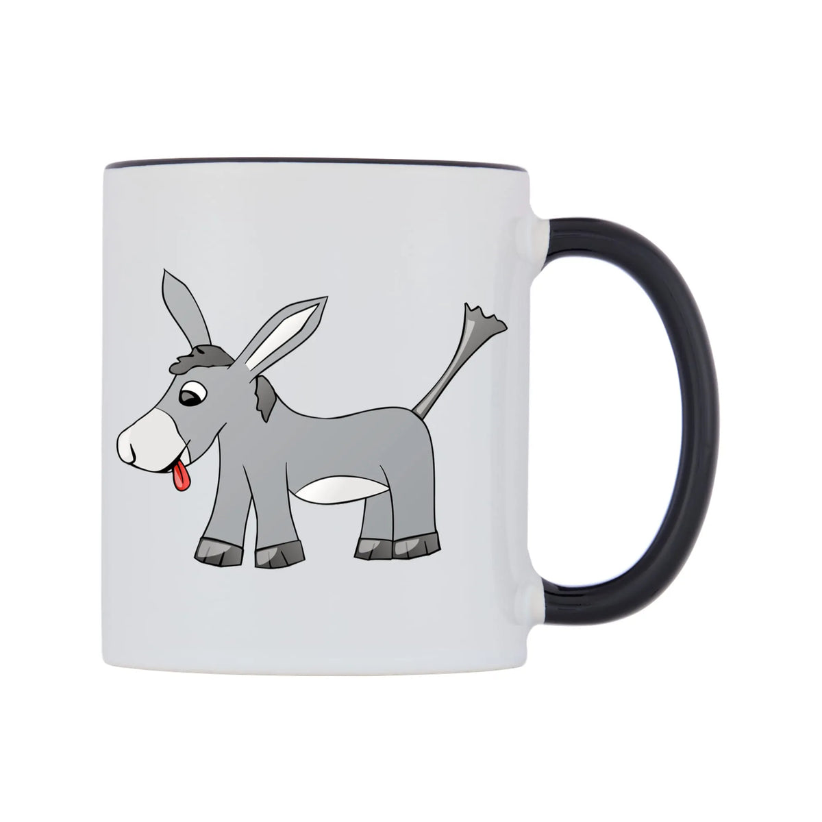 Cute Donkey Mug — white 11oz gloss mug with a black inside and handle, left side, on a white background