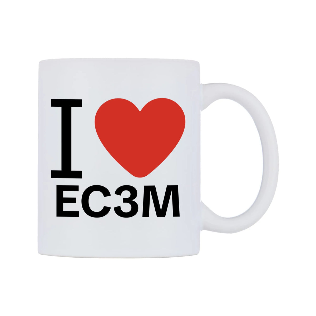 I Love EC3M Mug — white 11oz gloss mug, left side, on a white background