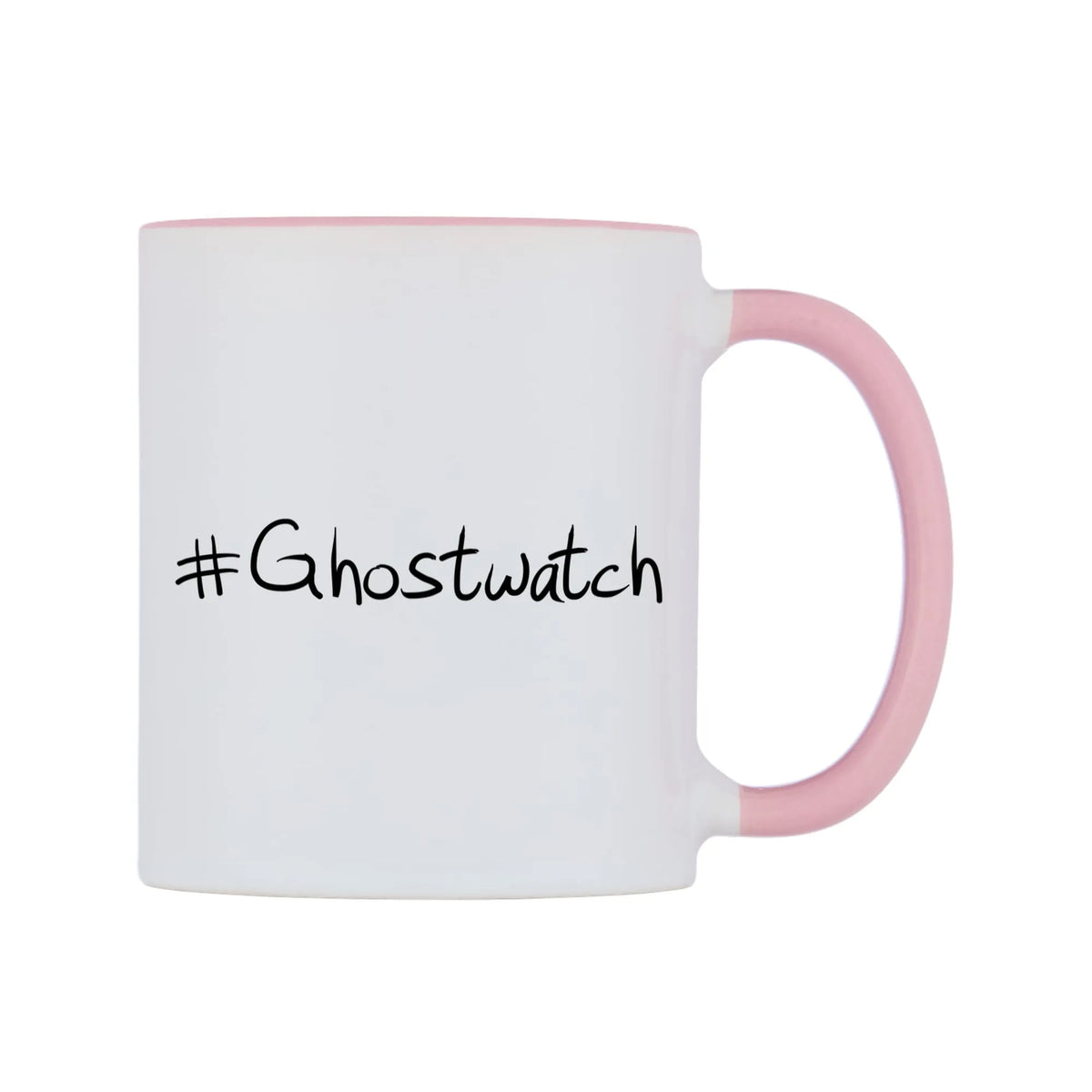 Ghostwatch Mug — white 11oz gloss mug with a pink inside and handle, left side, on a white background