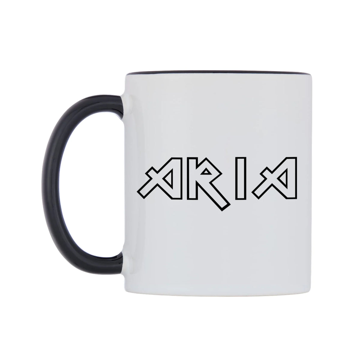 Aria - Iron Maiden Themed Mug — white 11oz gloss mug with a black inside and handle, right side, on a white background