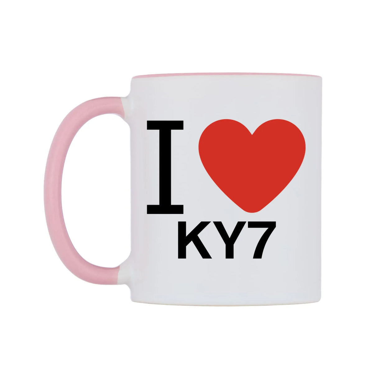 I Love KY7 Mug — white 11oz gloss mug with a pink inside and handle, right side, on a white background