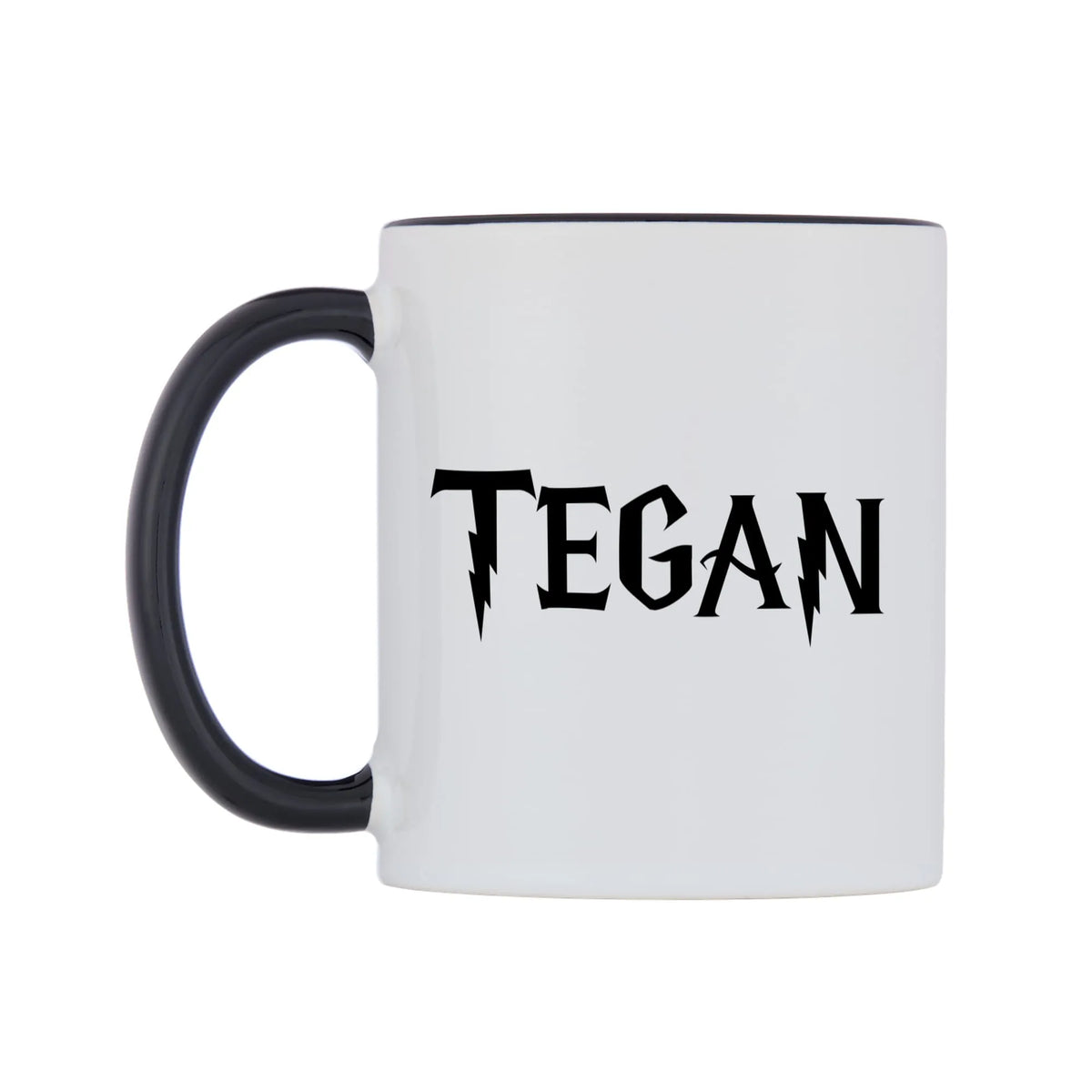 Tegan - Wizard Themed Mug — white 11oz gloss mug with a black inside and handle, right side, on a white background