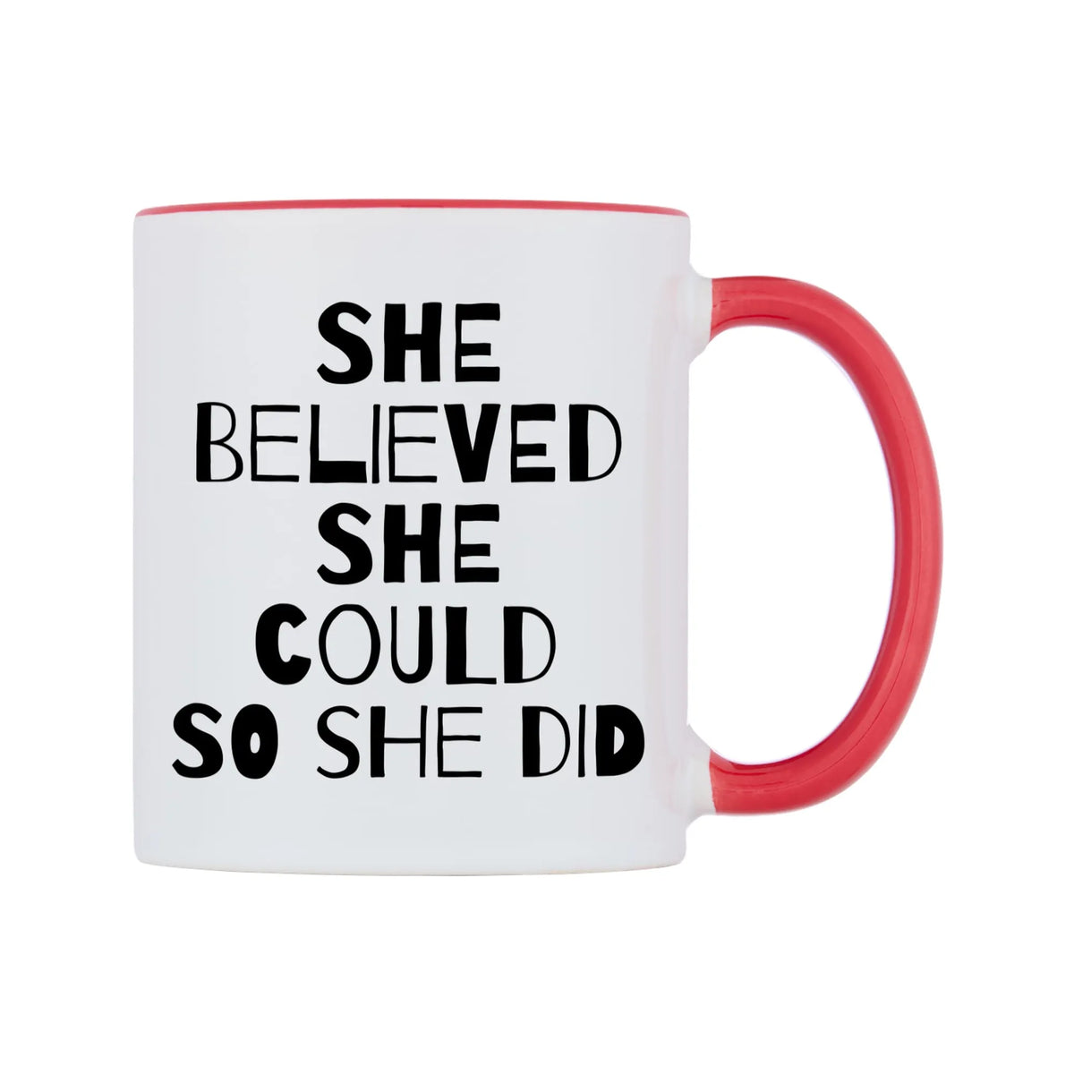 She Believed She Could So She Did Mug — white 11oz gloss mug with a red inside and handle, left side, on a white background