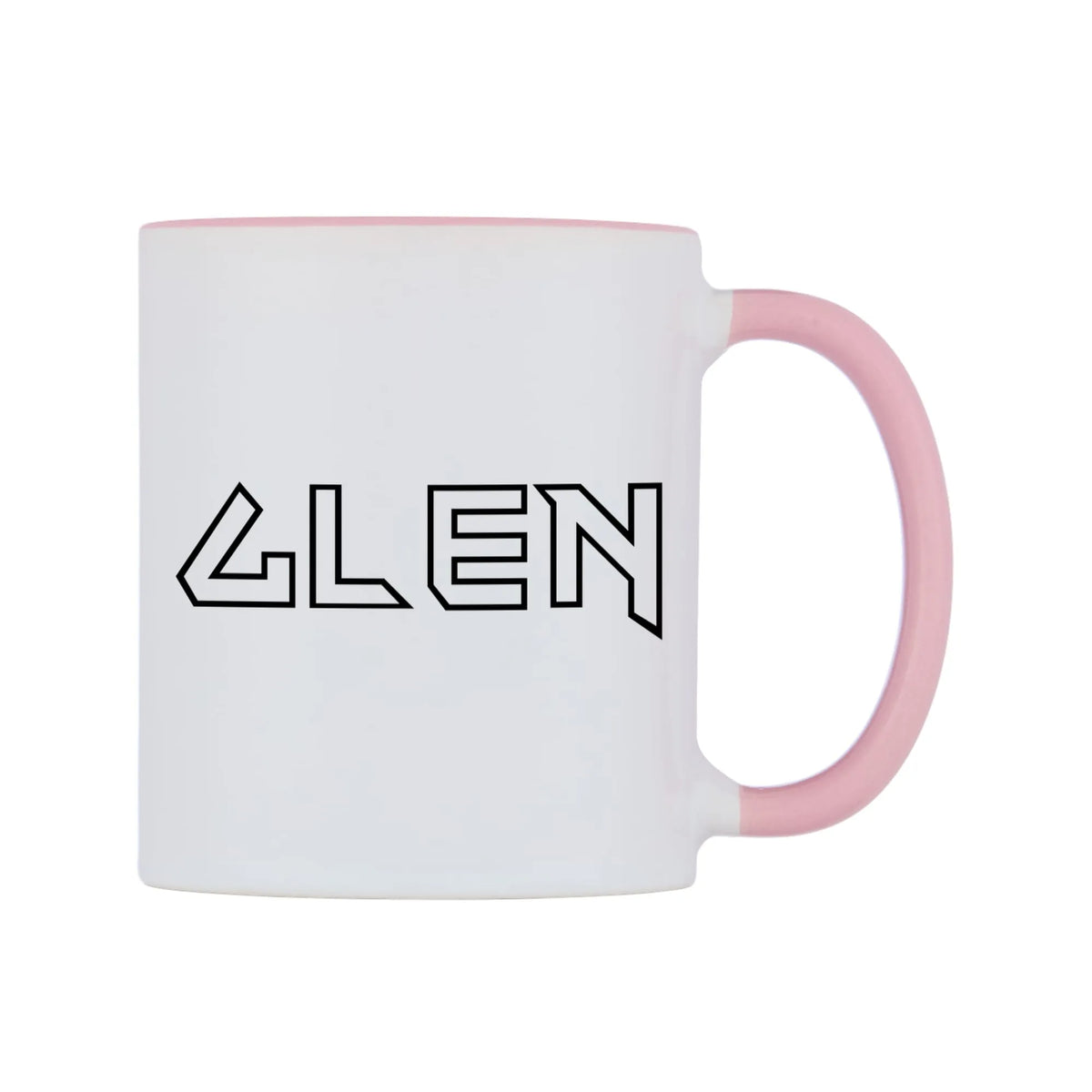 Glen - Iron Maiden Themed Mug — white 11oz gloss mug with a pink inside and handle, left side, on a white background