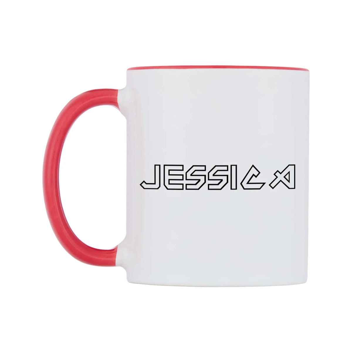 Jessica - Iron Maiden Themed Mug — white 11oz gloss mug with a red inside and handle, right side, on a white background
