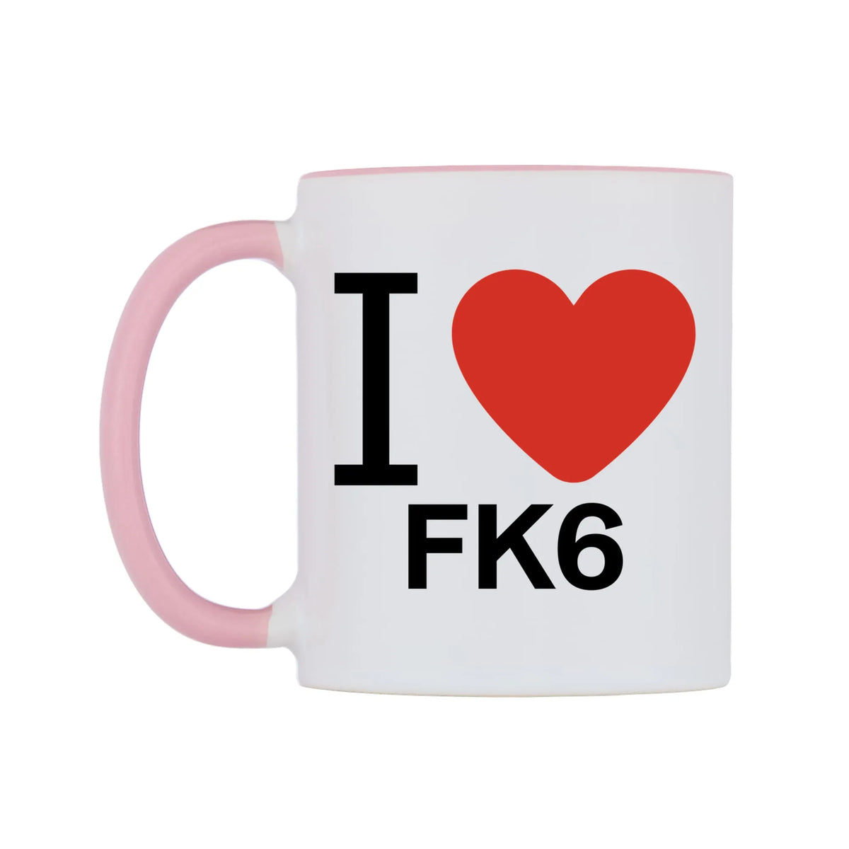 I Love FK6 Mug — white 11oz gloss mug with a pink inside and handle, right side, on a white background