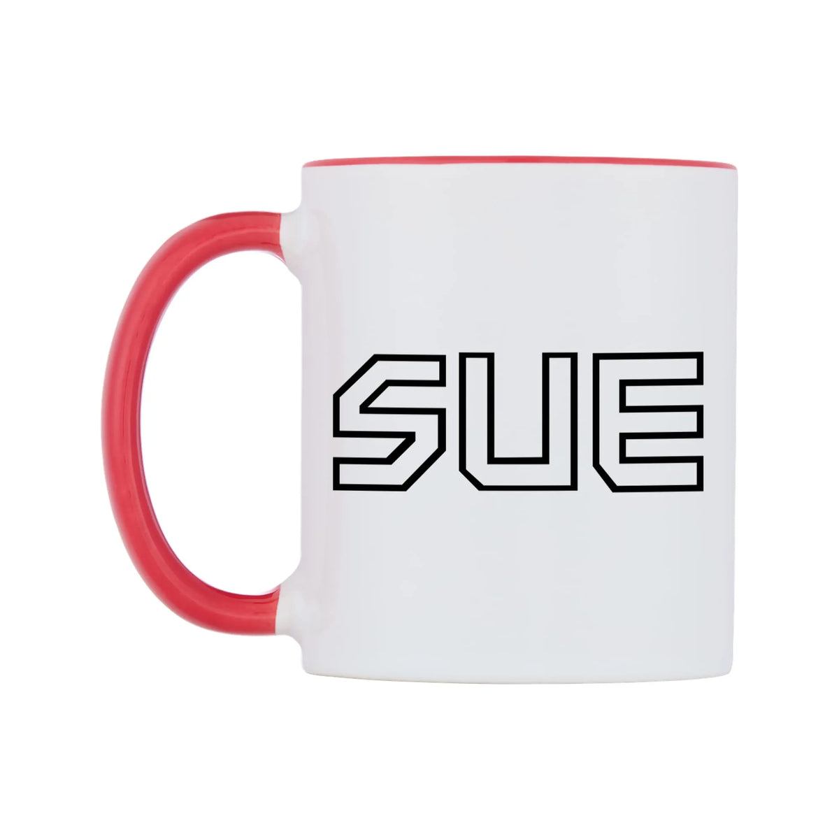 Sue - Iron Maiden Themed Mug — white 11oz gloss mug with a red inside and handle, right side, on a white background