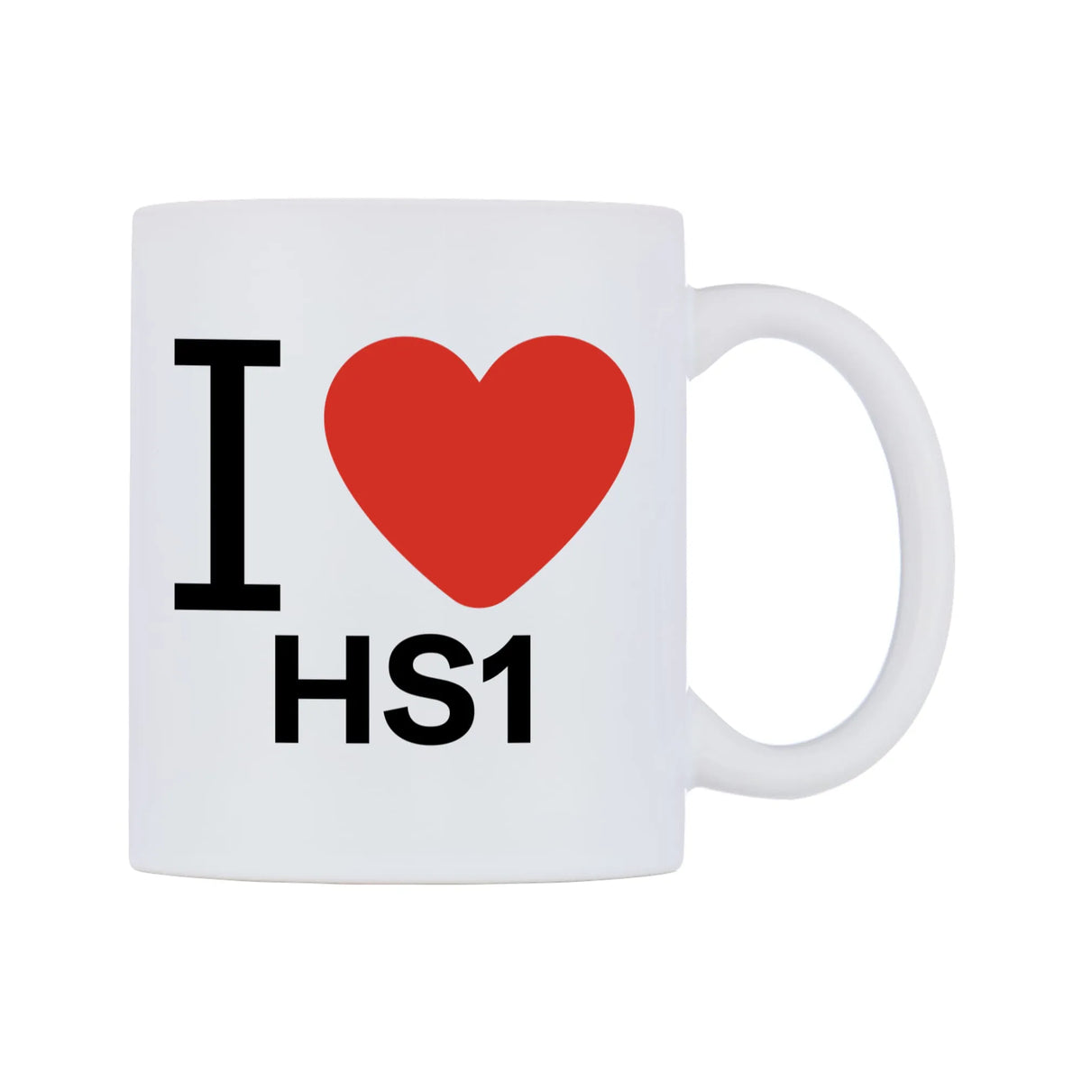 I Love HS1 Mug — white 11oz gloss mug, left side, on a white background