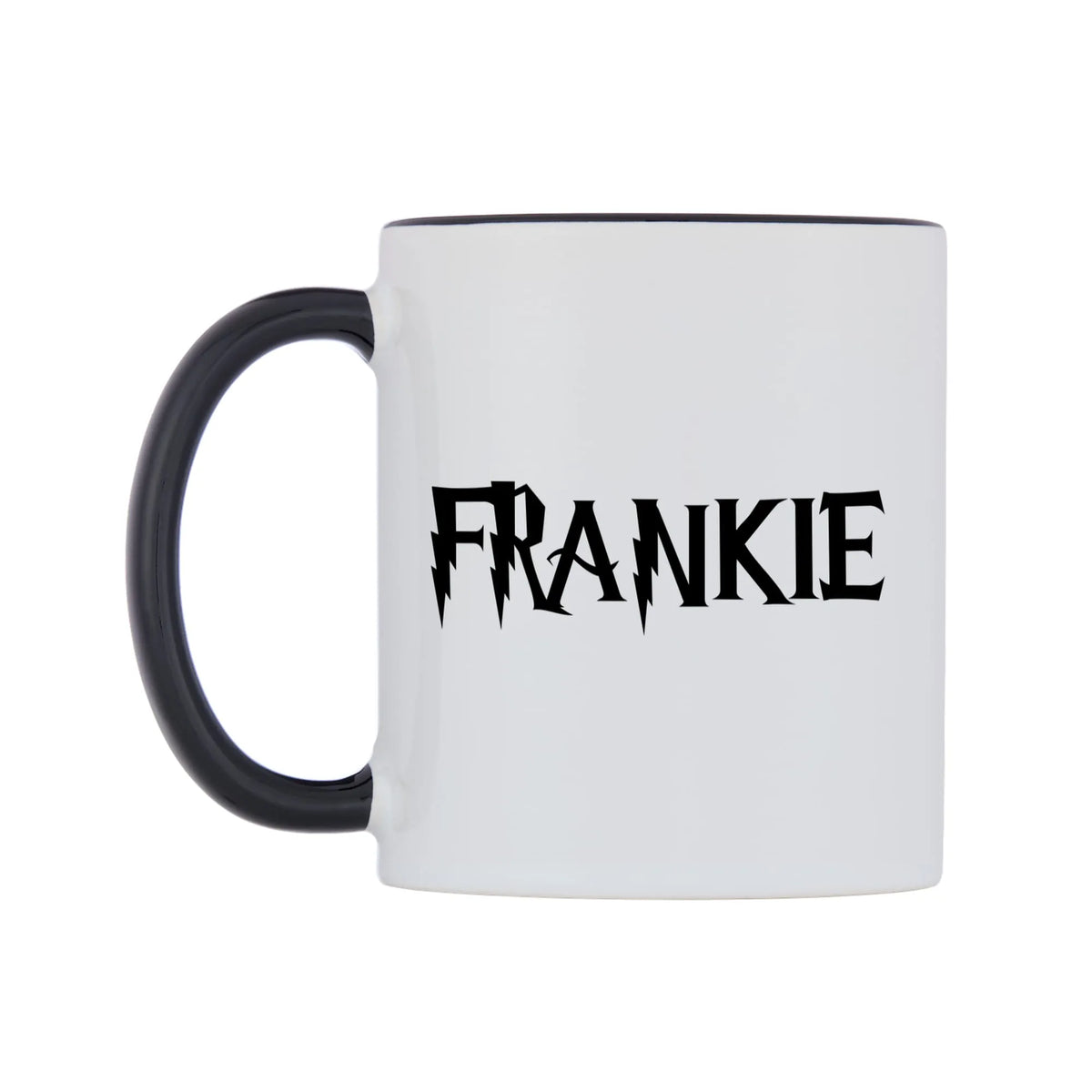 Frankie - Wizard Themed Mug — white 11oz gloss mug with a black inside and handle, right side, on a white background