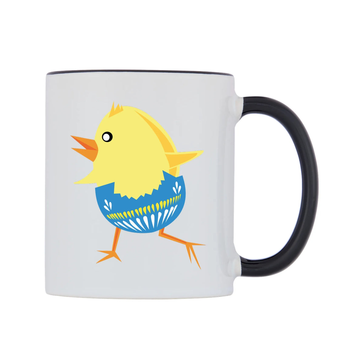 Smooth Walkin Easter Chick Mug — white 11oz gloss mug with a black inside and handle, left side, on a white background