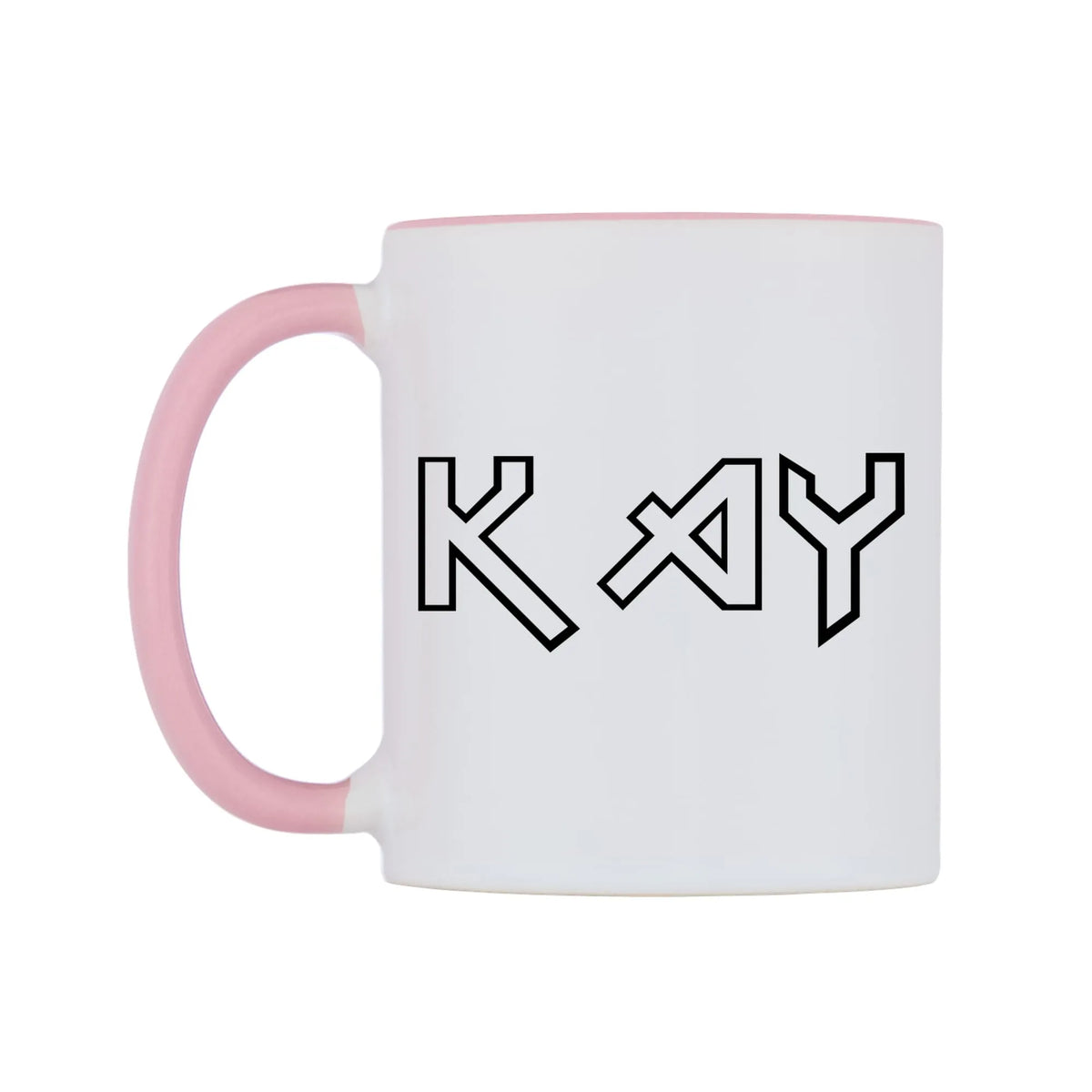 Kay - Iron Maiden Themed Mug — white 11oz gloss mug with a pink inside and handle, right side, on a white background