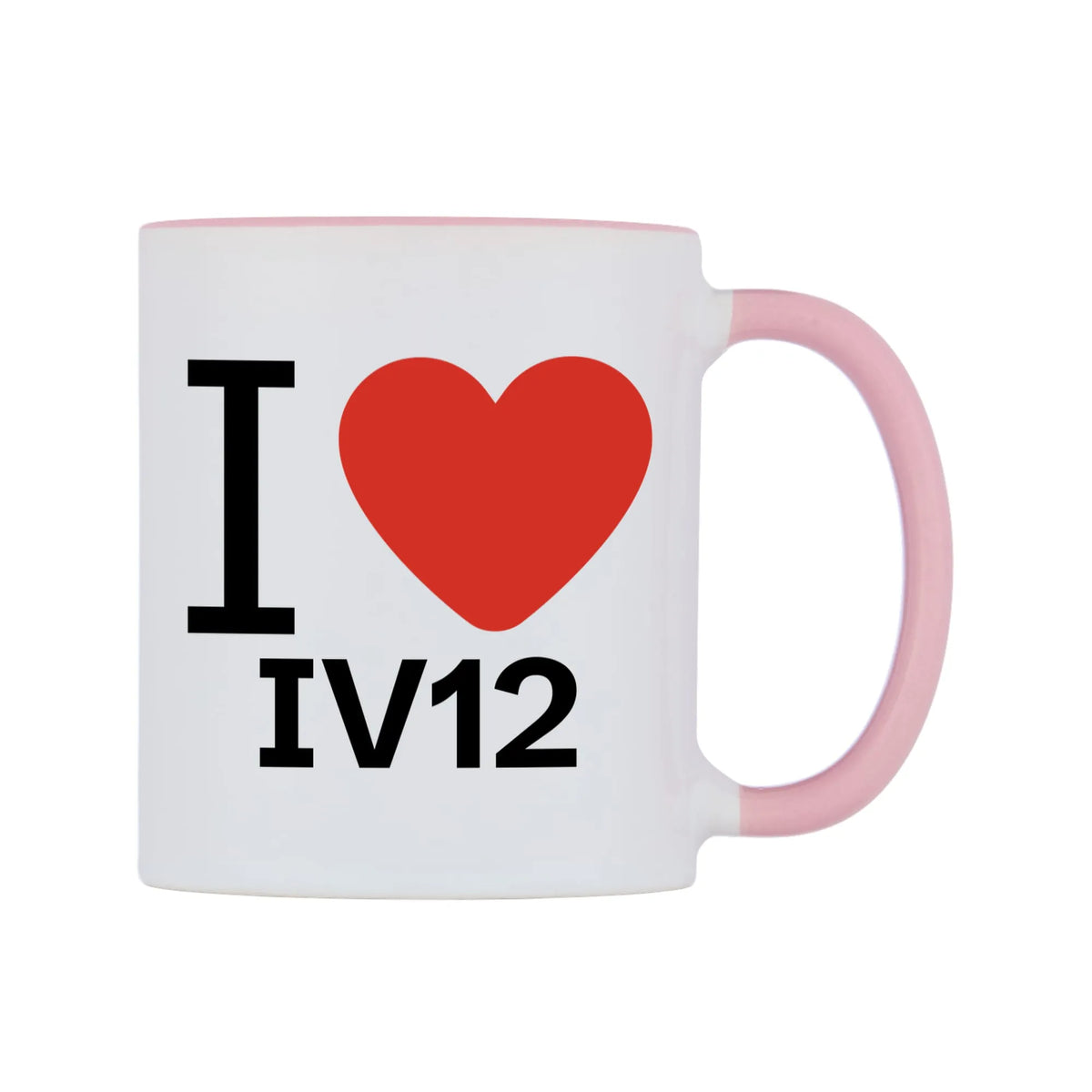 I Love IV12 Mug — white 11oz gloss mug with a pink inside and handle, left side, on a white background