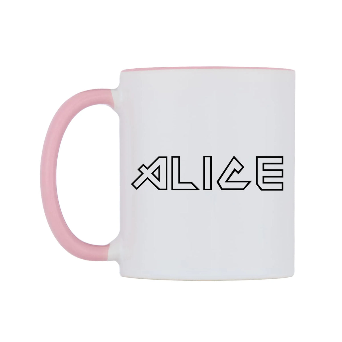 Alice - Iron Maiden Themed Mug — white 11oz gloss mug with a pink inside and handle, right side, on a white background