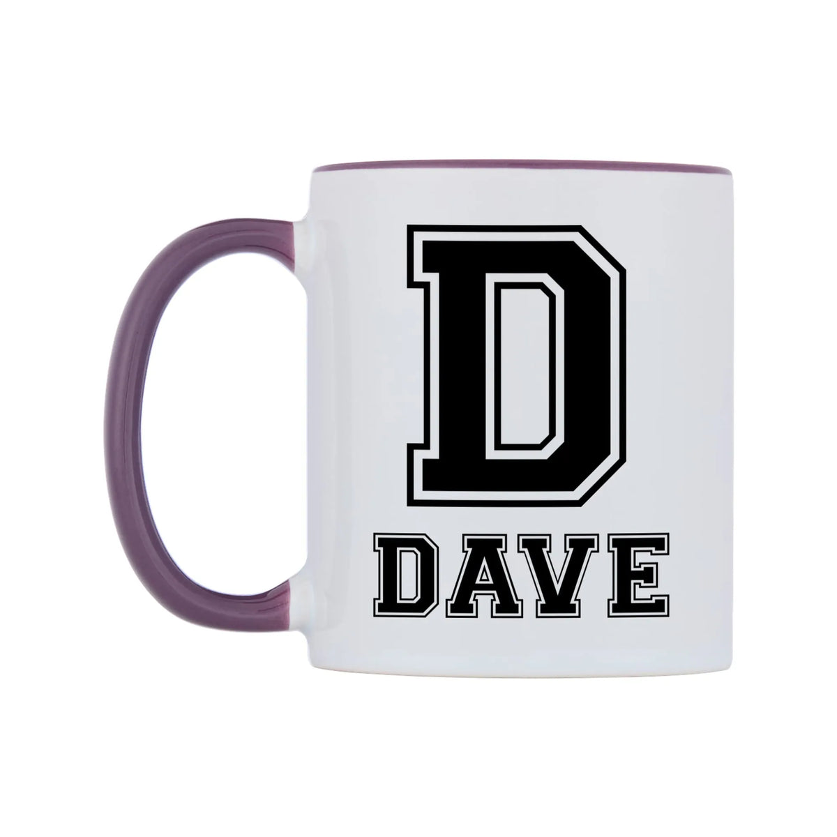 Personalised Initial And Name Mug — white 11oz gloss mug with a purple inside and handle, right side, on a white background