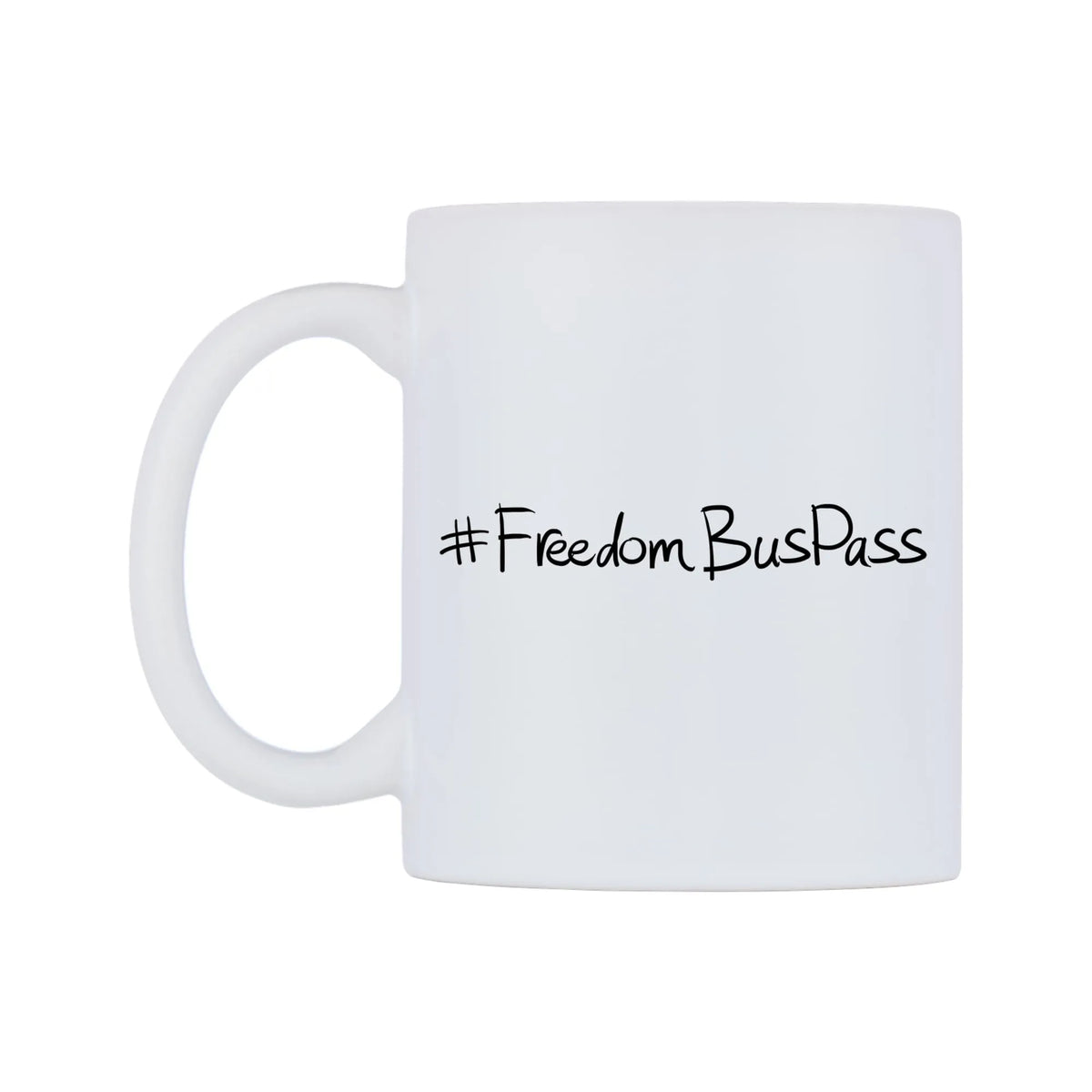 FreedomBusPass Mug — mug, right side, on a white background