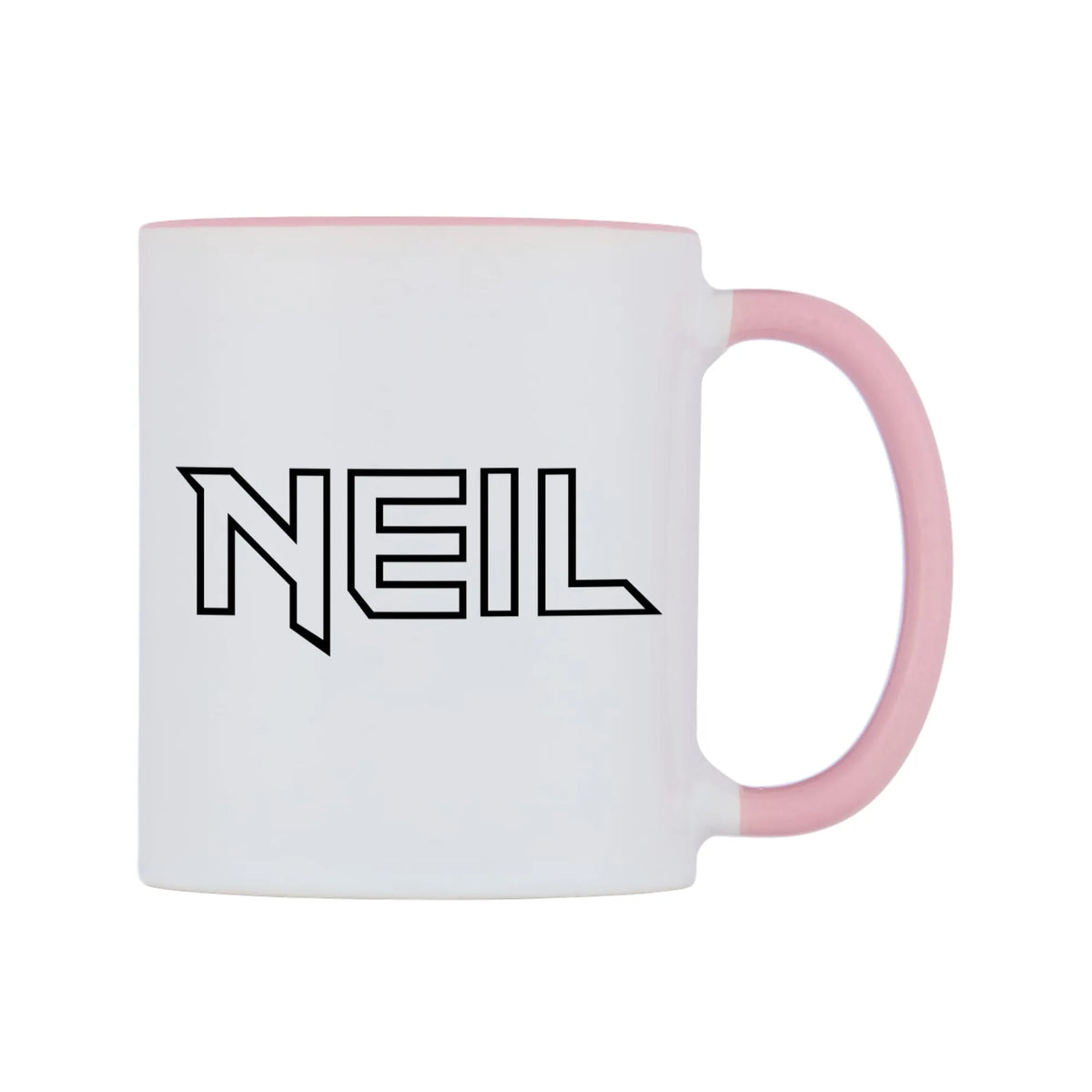 Neil - Iron Maiden Themed Mug — white 11oz gloss mug with a pink inside and handle, left side, on a white background