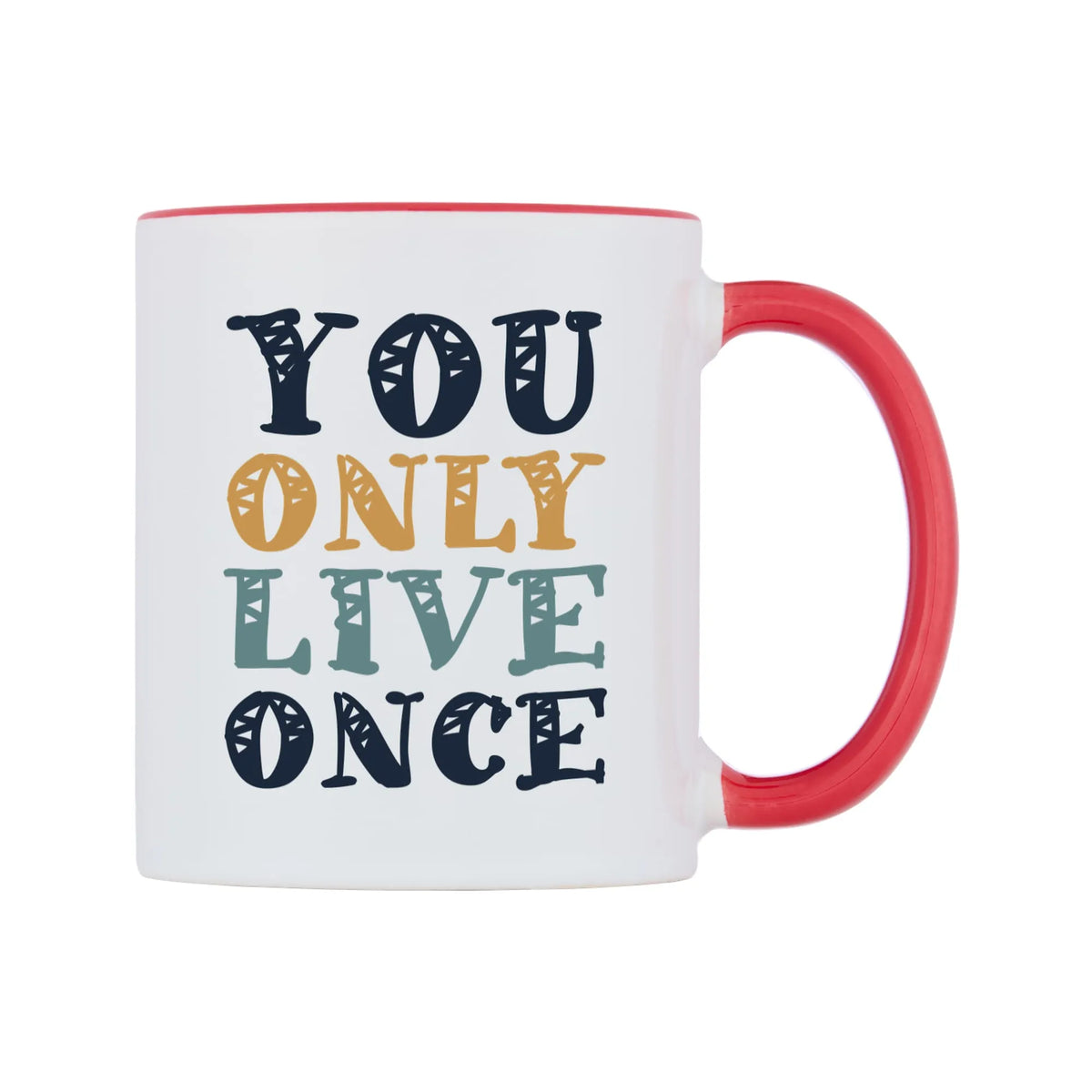 You Only Live Once Mug — white 11oz gloss mug with a red inside and handle, left side, on a white background