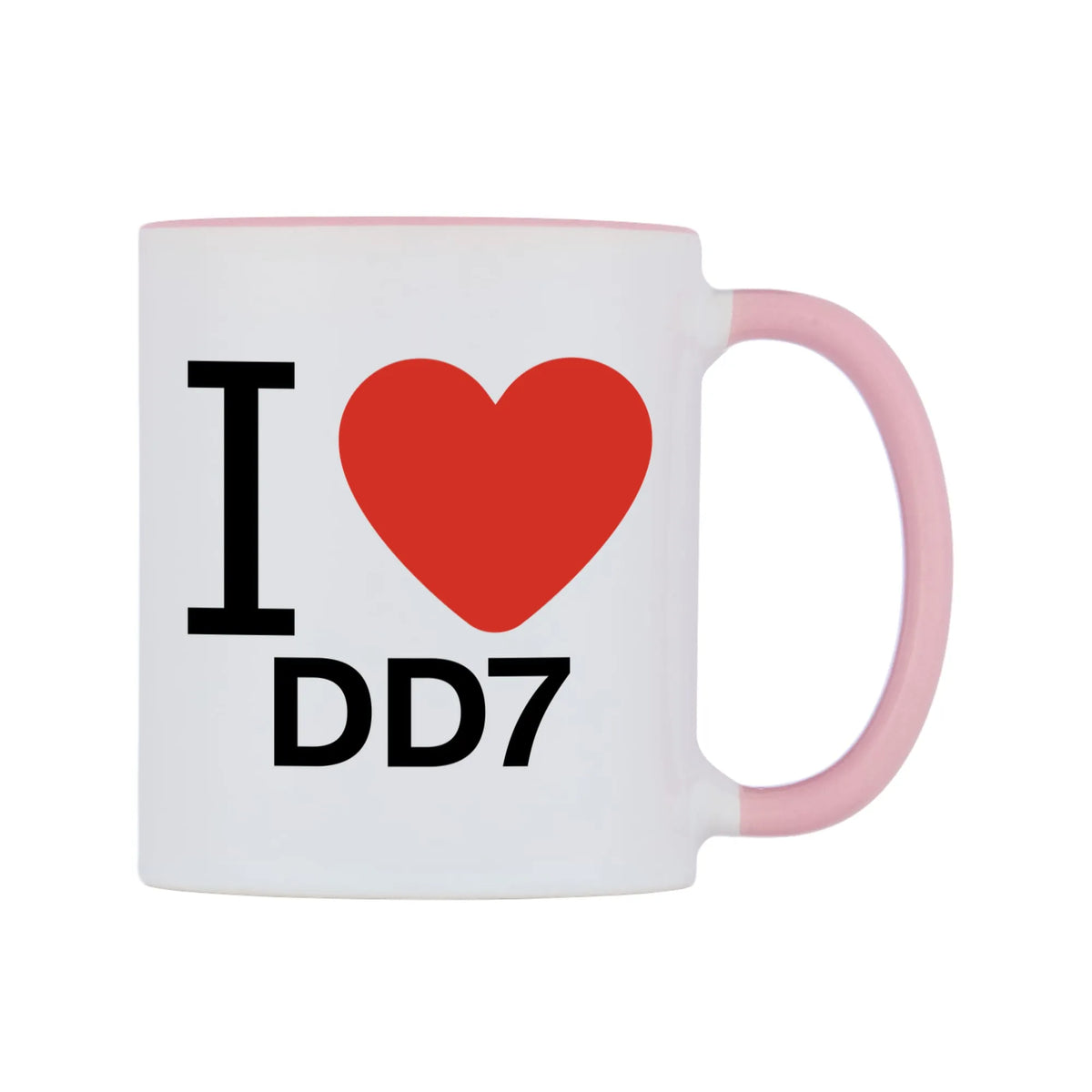 I Love DD7 Mug — white 11oz gloss mug with a pink inside and handle, left side, on a white background